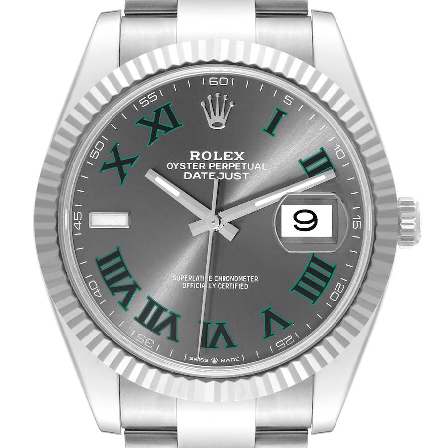 The image shows a frontal view of the Rolex Datejust 41 watch, highlighting its face, bezel, and part of the bracelet.