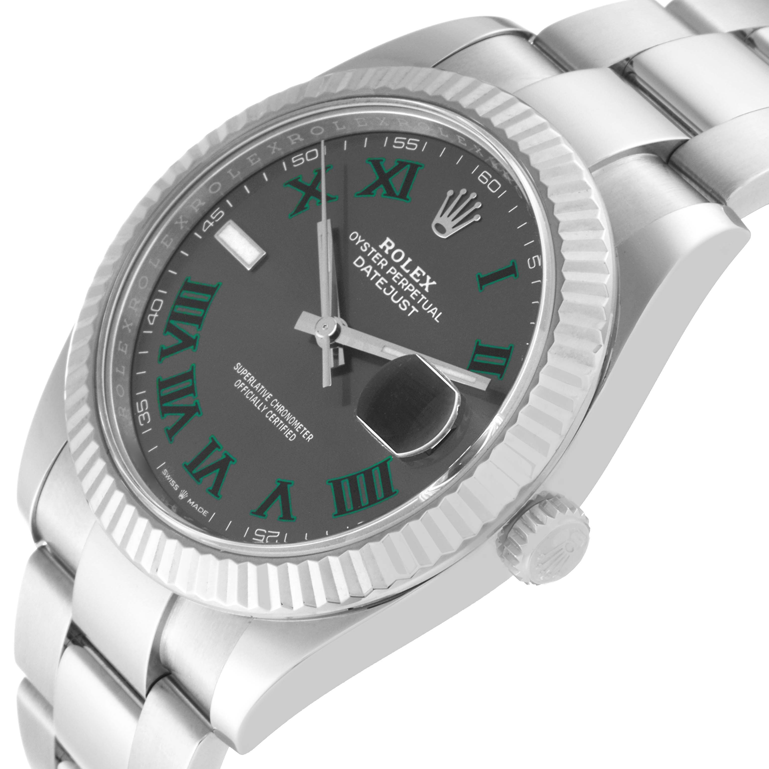 The image shows a side angle of the Rolex Datejust 41 126334 Men
s Stainless Steel Grey Dial 126334 Men
s Stainless Steel Grey Dial, highlighting the dial, bezel, crown, and part of the bracelet.