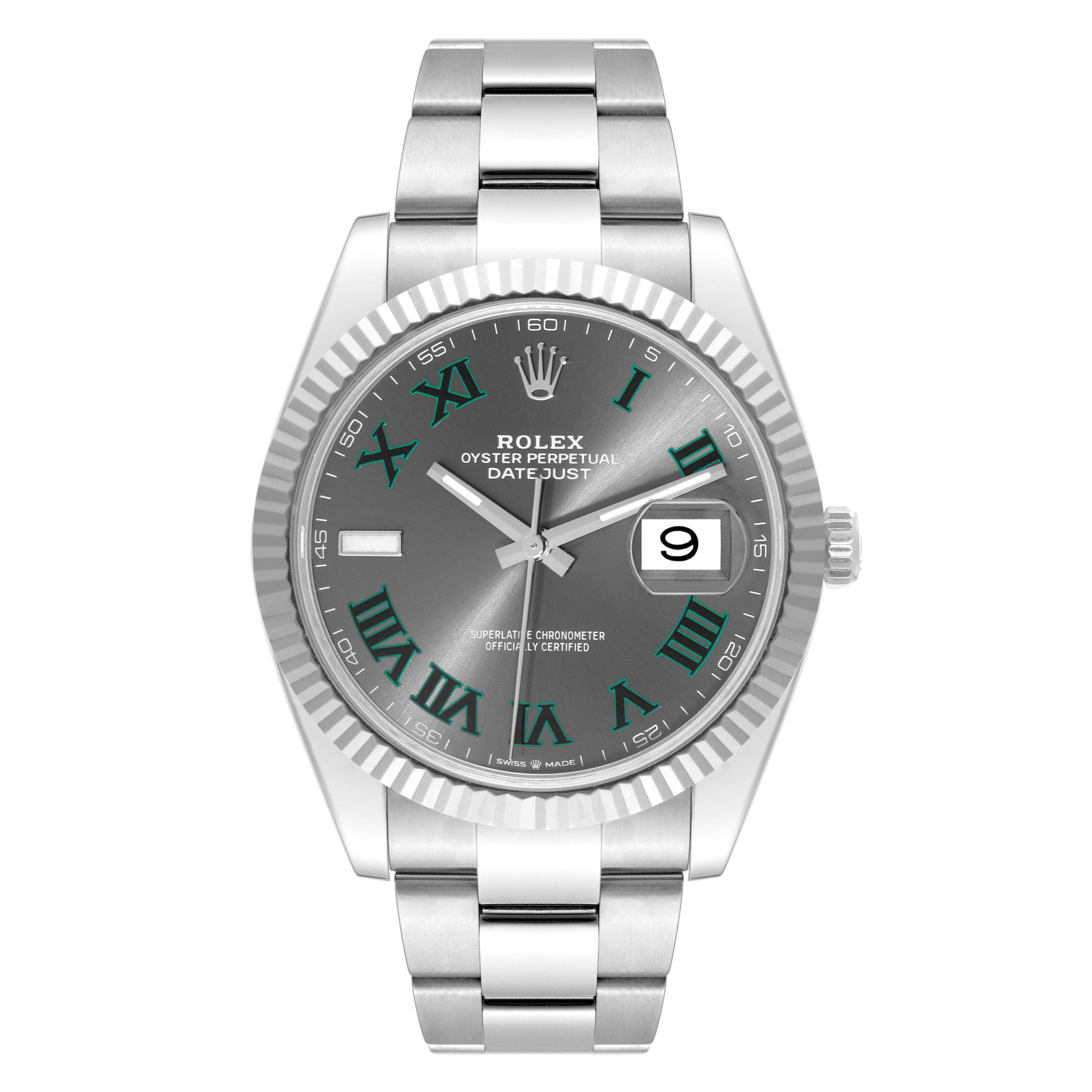 The image showcases a front view of the Rolex Datejust 41 126334 Men
s Stainless Steel Grey Dial 126334 Men
s Stainless Steel Grey Dial watch, highlighting its dial, bezel, and bracelet.