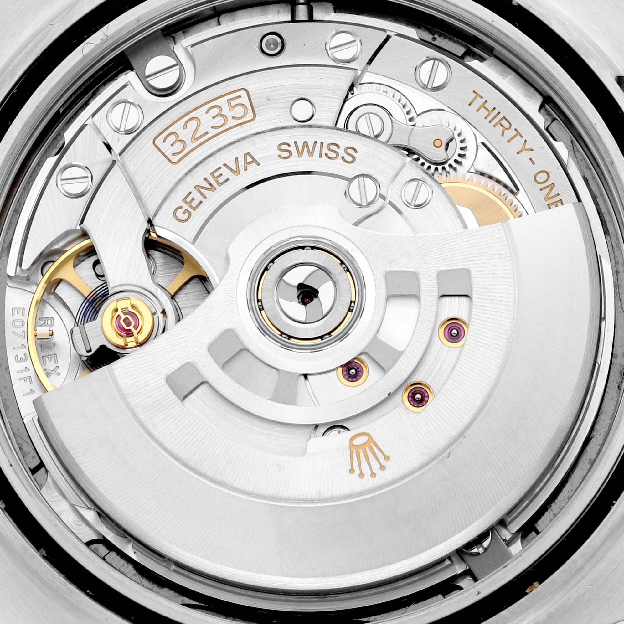 This image shows a close-up view of the movement mechanism of a Rolex Datejust 41 126334 Men
s Stainless Steel Grey Dial 126334 Men
s Stainless Steel Grey Dial watch, highlighting the intricate inner workings.