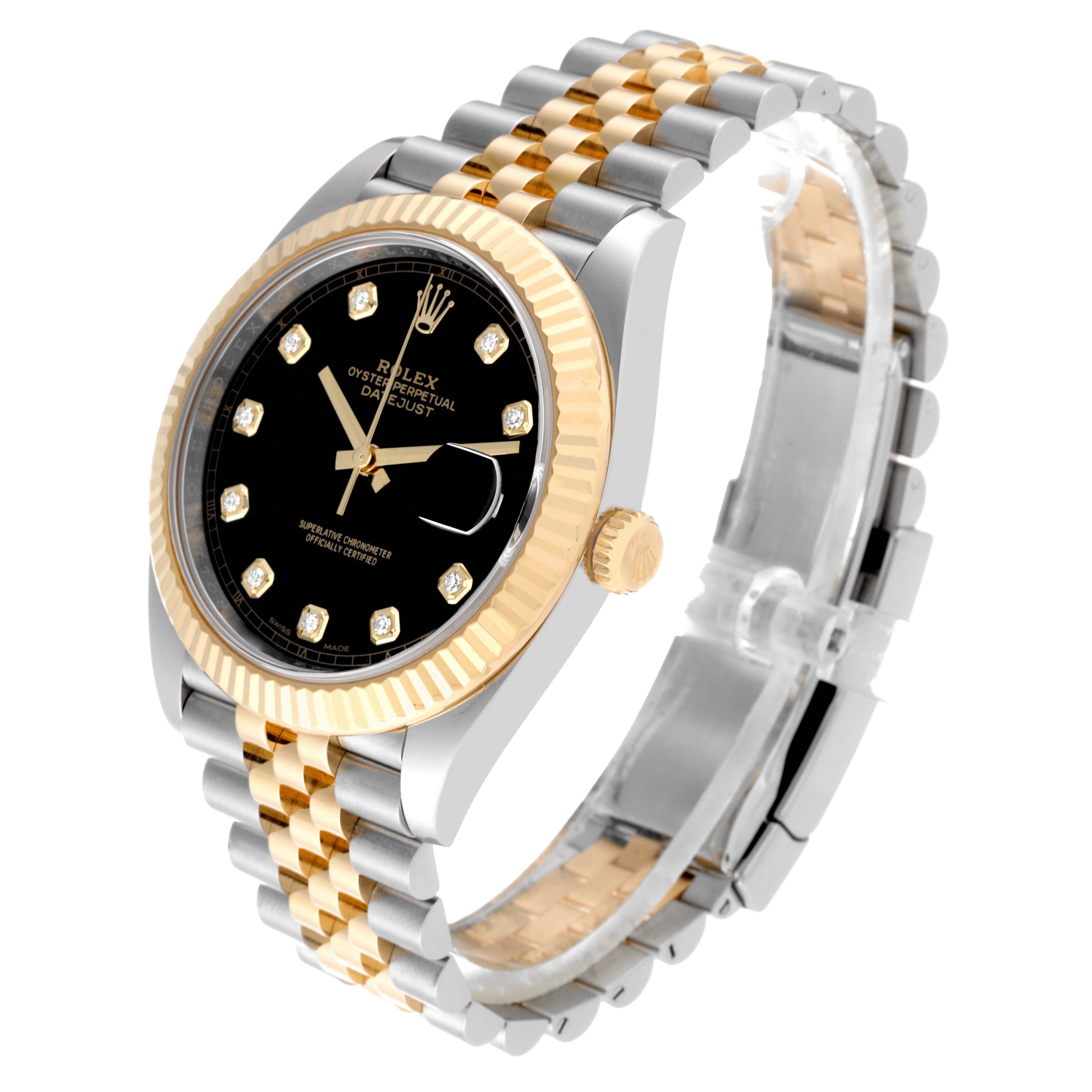 The image shows a Rolex Datejust 41 M126333-0012 Men's Steel and Gold (two tone) Black Dial M126333-0012 Men's Steel and Gold (two tone) Black Dial from an angled perspective, highlighting the dial, bezel, and two-tone bracelet.