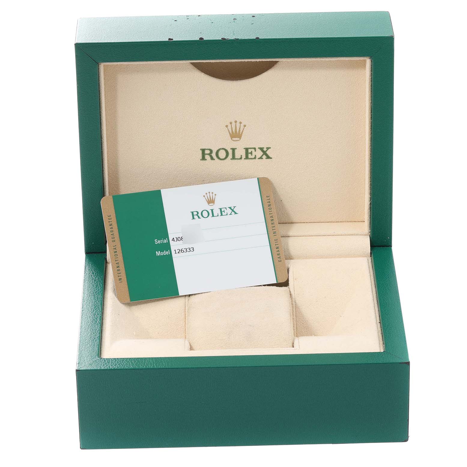 The image shows an open green Rolex box for a Datejust 41 model with its card inside.