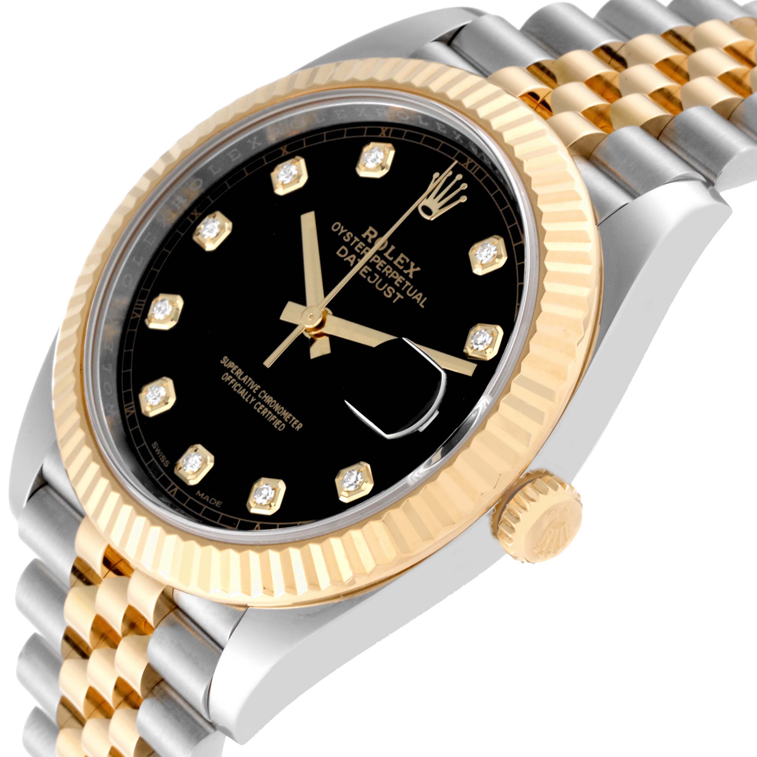 The image shows a Rolex Datejust 41 M126333-0012 Men's Steel and Gold (two tone) Black Dial M126333-0012 Men's Steel and Gold (two tone) Black Dial watch at an angled view, highlighting its black dial, fluted bezel, and two-tone Jubilee bracelet.