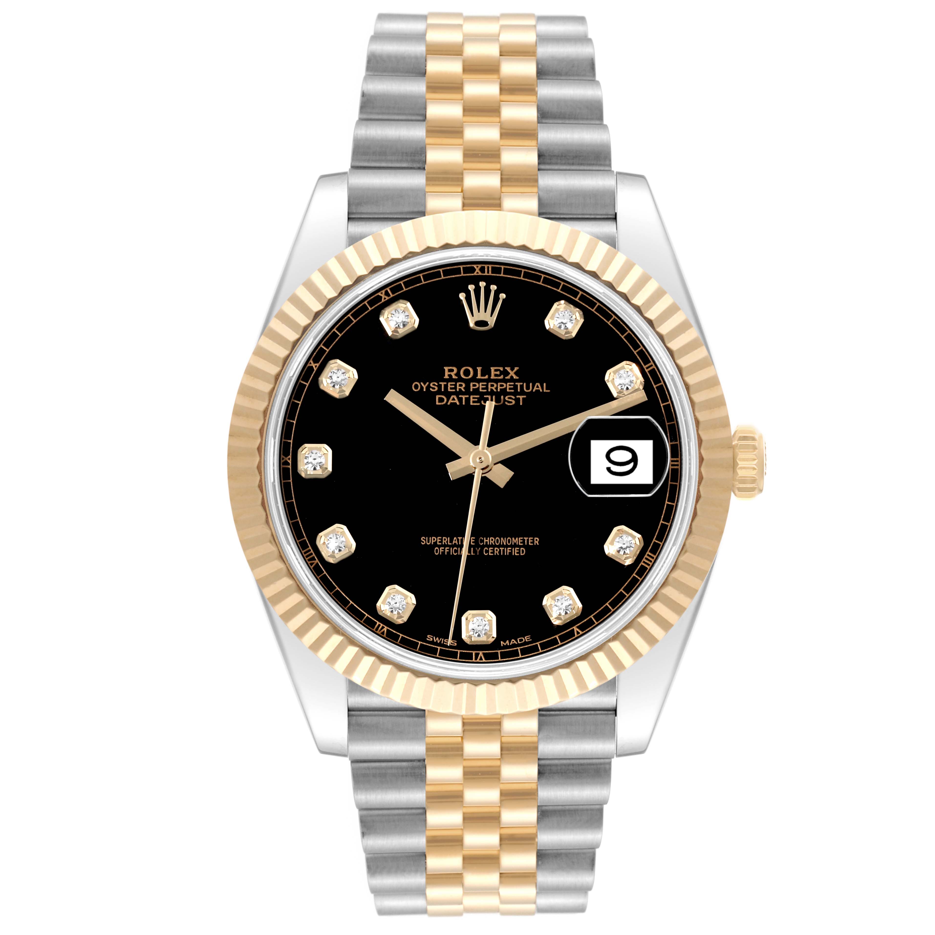 The image shows a frontal view of the Rolex Datejust 41 M126333-0012 Men's Steel and Gold (two tone) Black Dial M126333-0012 Men's Steel and Gold (two tone) Black Dial watch, highlighting its jubilee bracelet, black dial, and diamond hour markers.