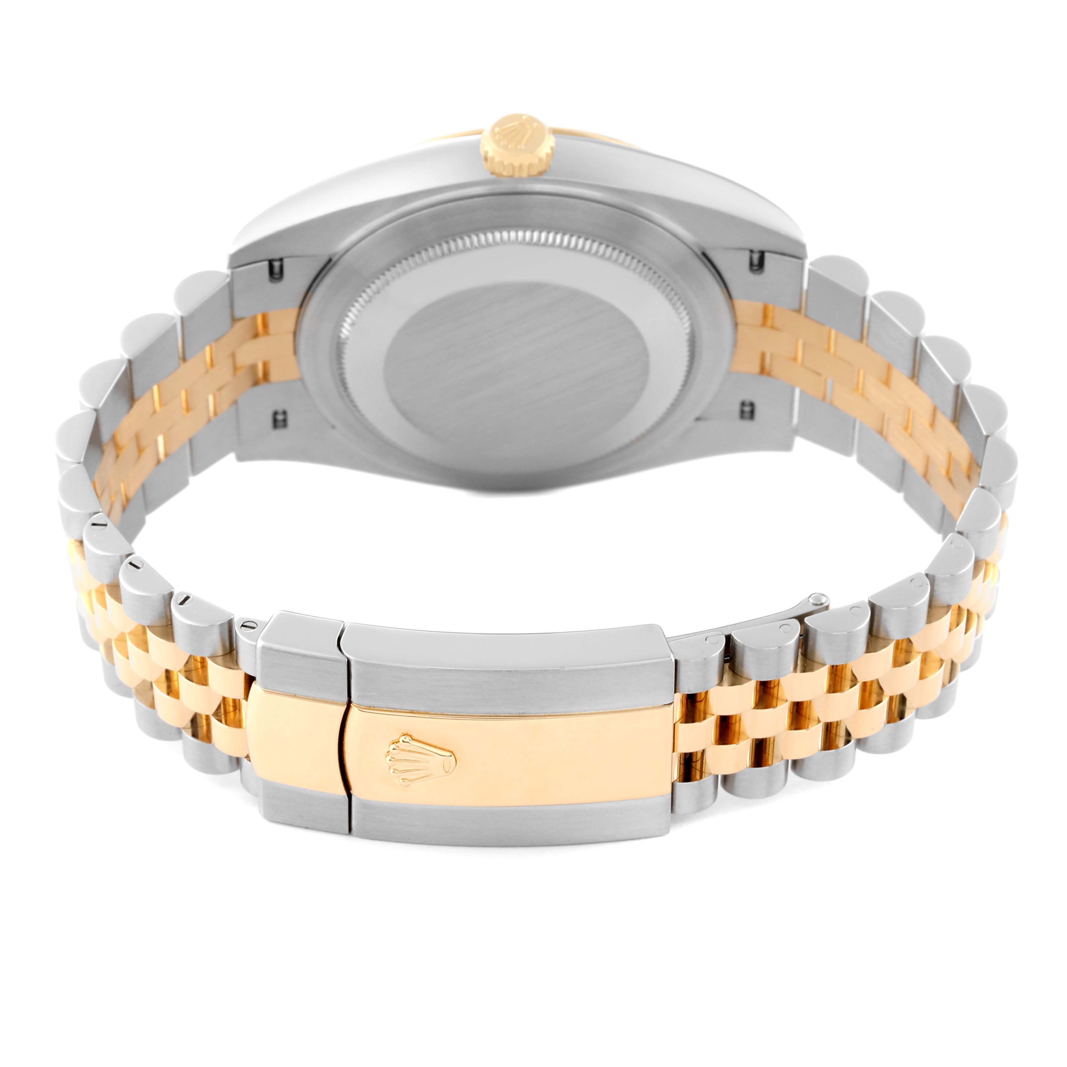 The image shows the back view of a Rolex Datejust 41 M126333-0012 Men's Steel and Gold (two tone) Black Dial M126333-0012 Men's Steel and Gold (two tone) Black Dial watch, highlighting its two-tone bracelet and clasp.