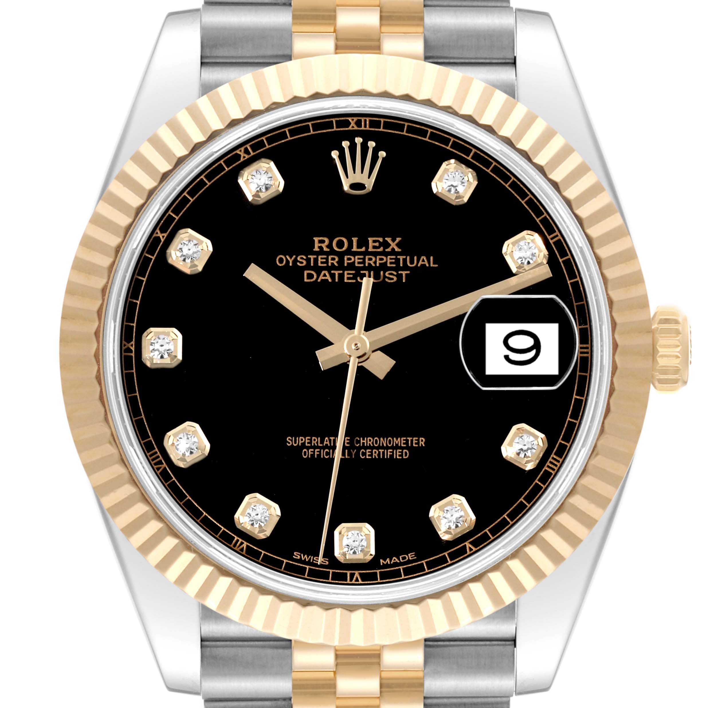 The image shows a Rolex Datejust 41 M126333-0012 Men's Steel and Gold (two tone) Black Dial M126333-0012 Men's Steel and Gold (two tone) Black Dial watch from a front-on angle, displaying its black dial, diamond hour markers, and two-tone bracelet.