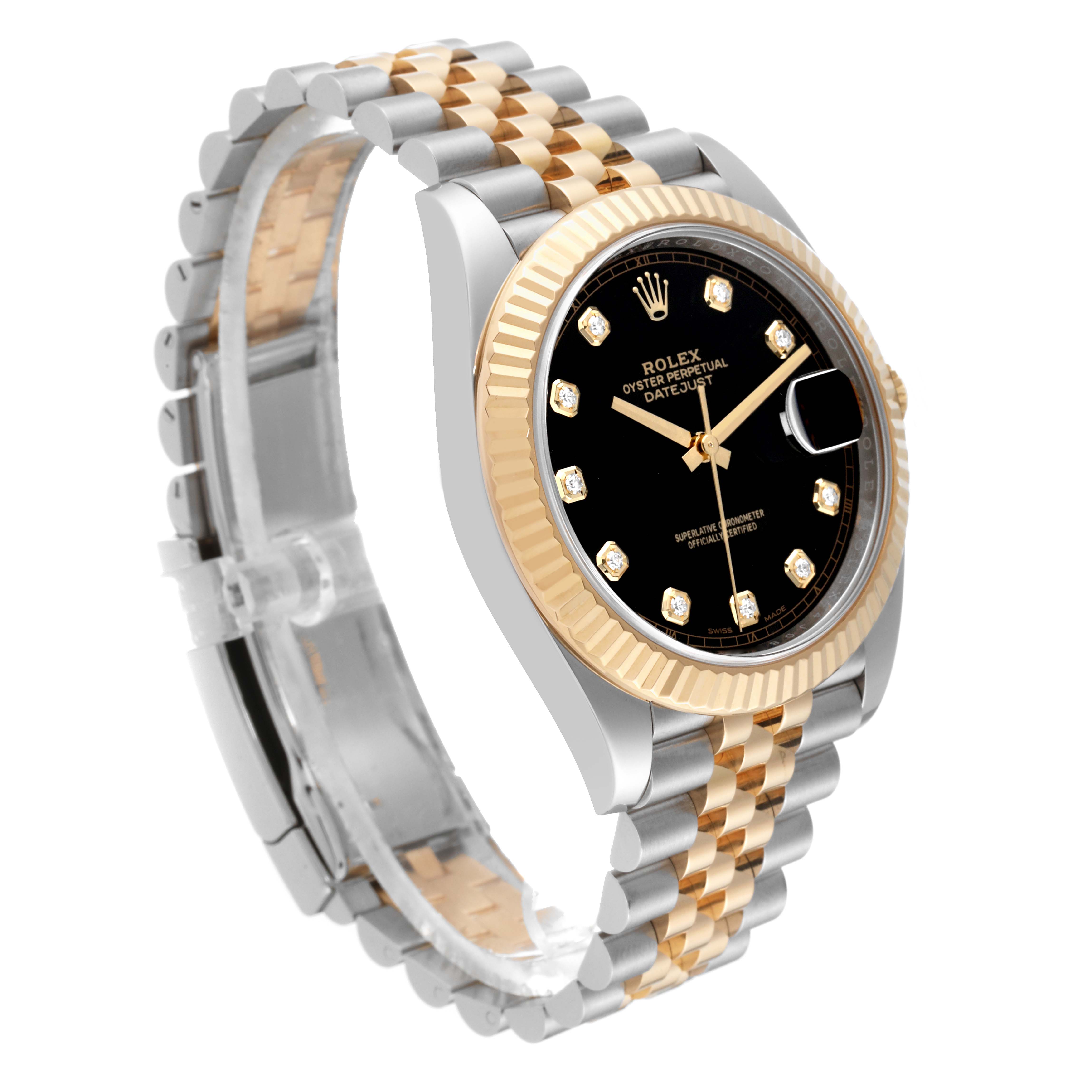 The Rolex Datejust 41 M126333-0012 Men's Steel and Gold (two tone) Black Dial M126333-0012 Men's Steel and Gold (two tone) Black Dial watch is shown at a three-quarter angle, highlighting its black dial, diamond hour markers, and two-tone bracelet.