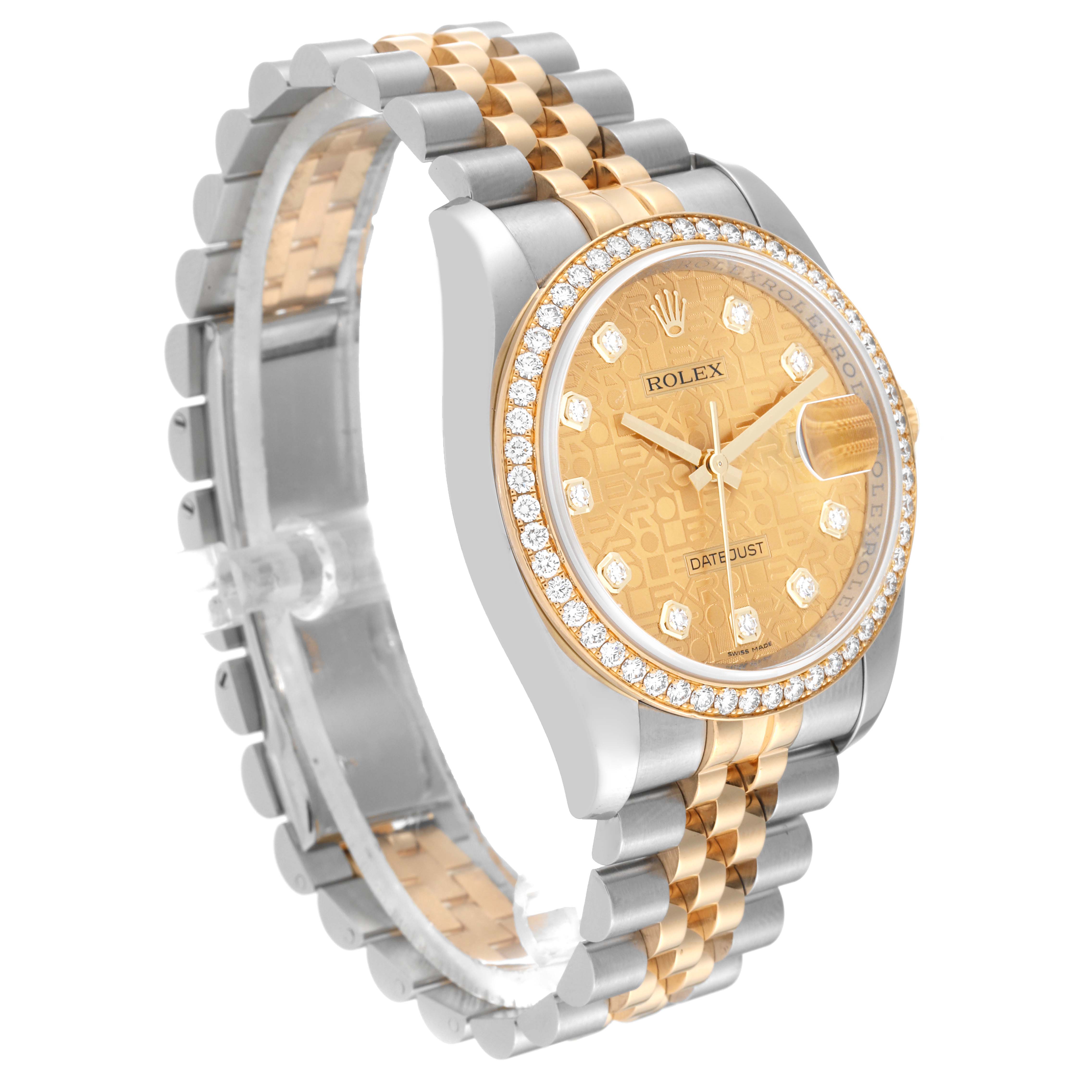 The image shows a Rolex Datejust 116243 Men's Steel and Gold (two tone) Champagne Dial 116243 Men's Steel and Gold (two tone) Champagne Dial watch at a slight angle, highlighting its two-tone bracelet, diamond-encrusted bezel, and champagne dial.