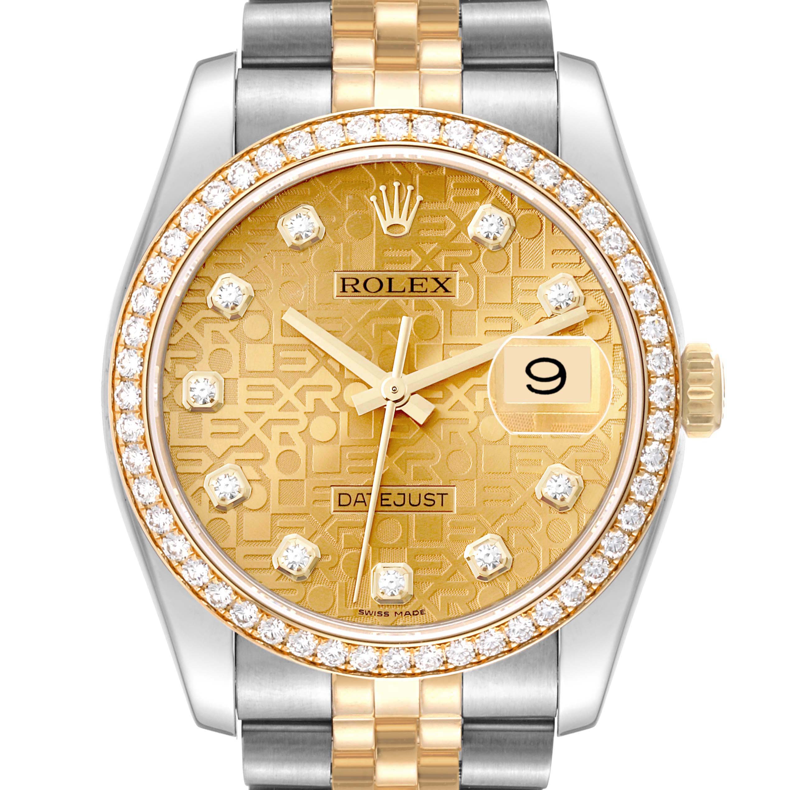 This image shows a frontal view of a Rolex Datejust 116243 Men's Steel and Gold (two tone) Champagne Dial 116243 Men's Steel and Gold (two tone) Champagne Dial watch, featuring a gold patterned dial, diamond hour markers, and a two-tone bracelet.