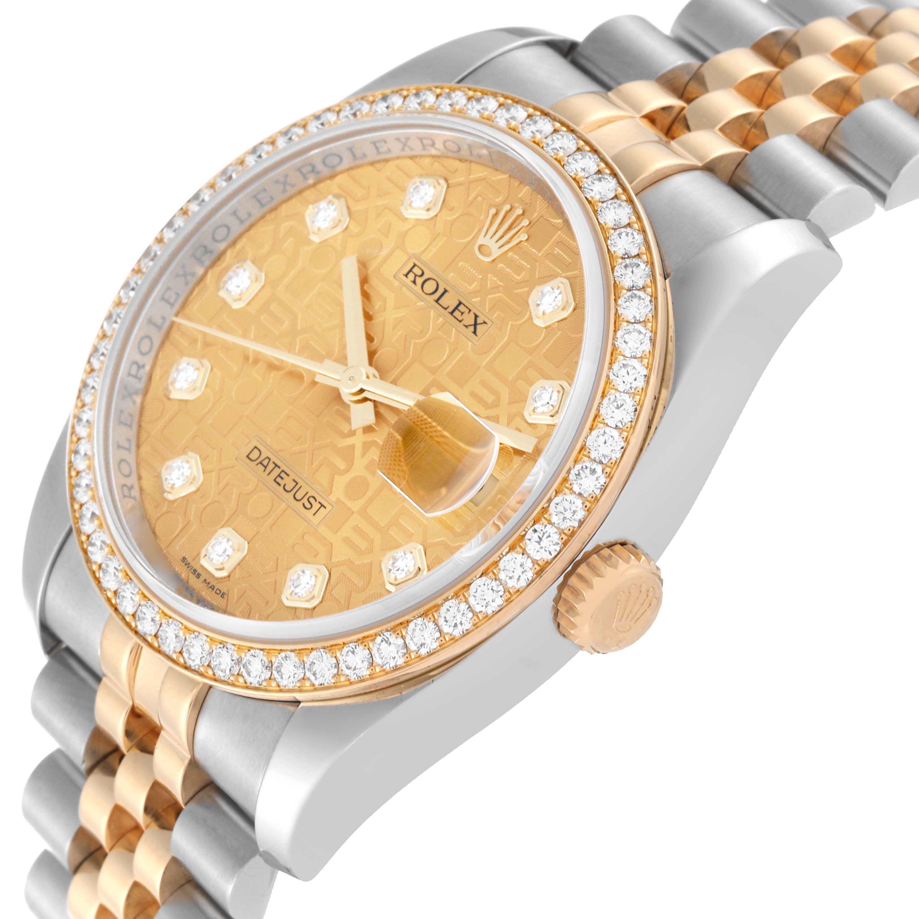 The image shows a close-up angle of a Rolex Datejust 116243 Men's Steel and Gold (two tone) Champagne Dial 116243 Men's Steel and Gold (two tone) Champagne Dial watch, highlighting the gold-tone dial, diamond bezel, and two-tone bracelet.