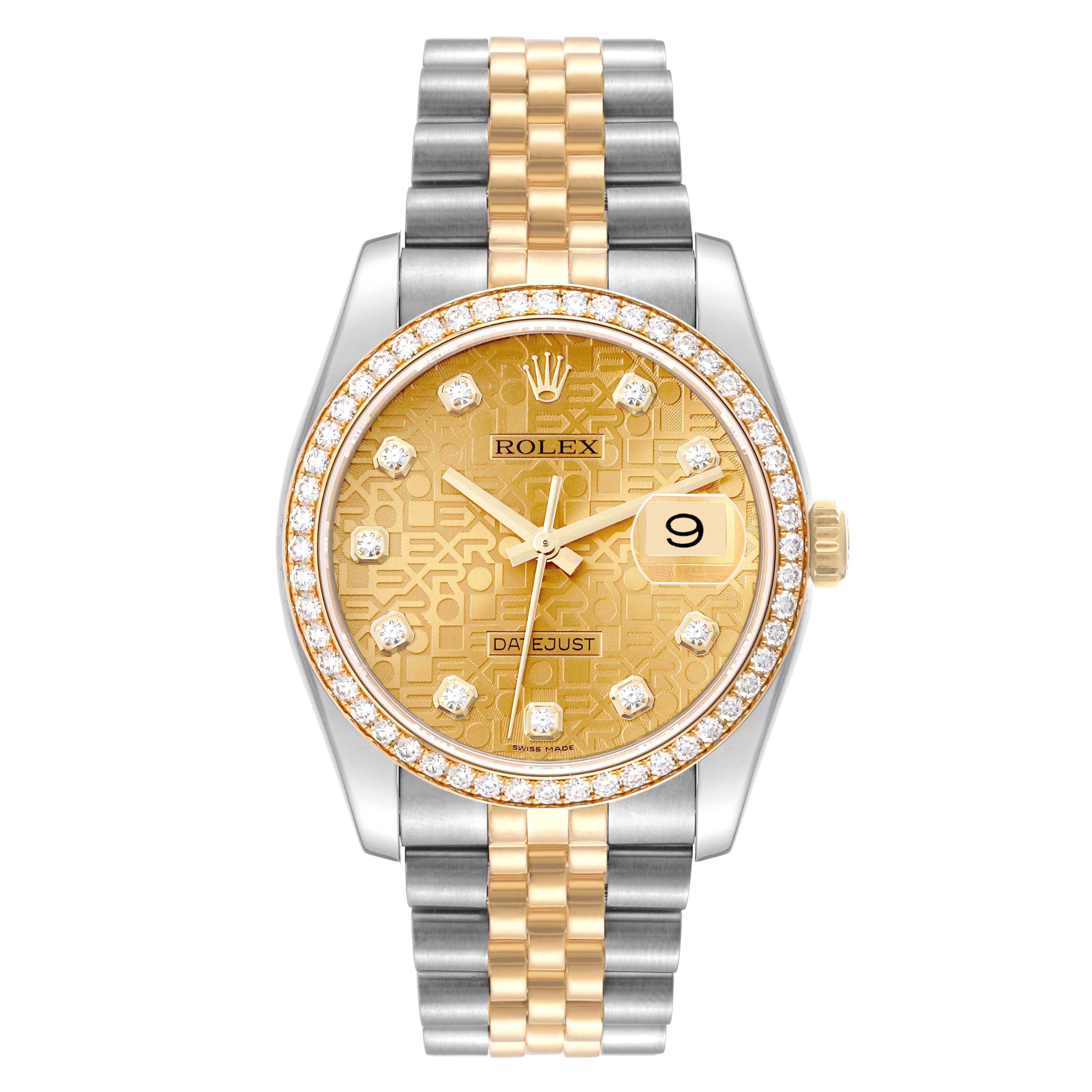 The image shows a front view of a Rolex Datejust 116243 Men's Steel and Gold (two tone) Champagne Dial 116243 Men's Steel and Gold (two tone) Champagne Dial watch displaying its gold dial, diamond hour markers, bezel, and two-tone bracelet.