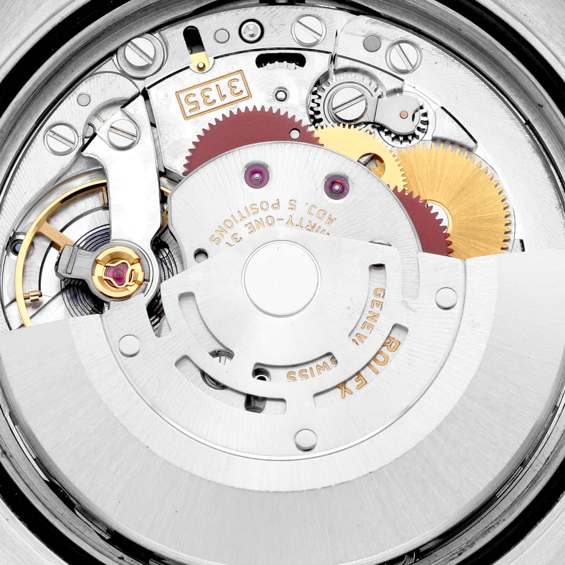 This is a close-up view of the internal mechanisms of a Rolex Datejust 116243 Men's Steel and Gold (two tone) Champagne Dial 116243 Men's Steel and Gold (two tone) Champagne Dial watch, showing gears and other components.