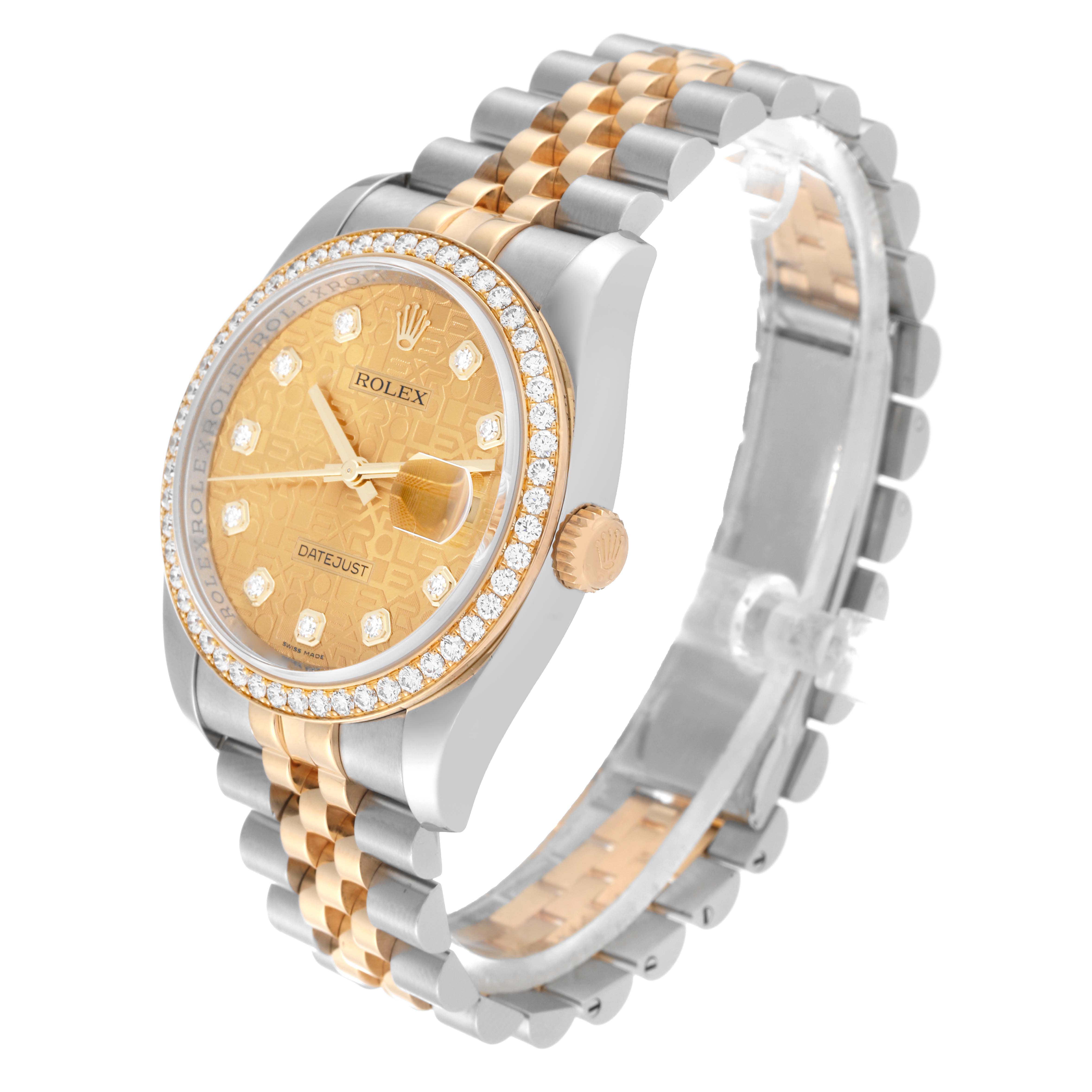 The image shows a Rolex Datejust 116243 Men's Steel and Gold (two tone) Champagne Dial 116243 Men's Steel and Gold (two tone) Champagne Dial watch from a side angle, highlighting the face, bezel, and bracelet.