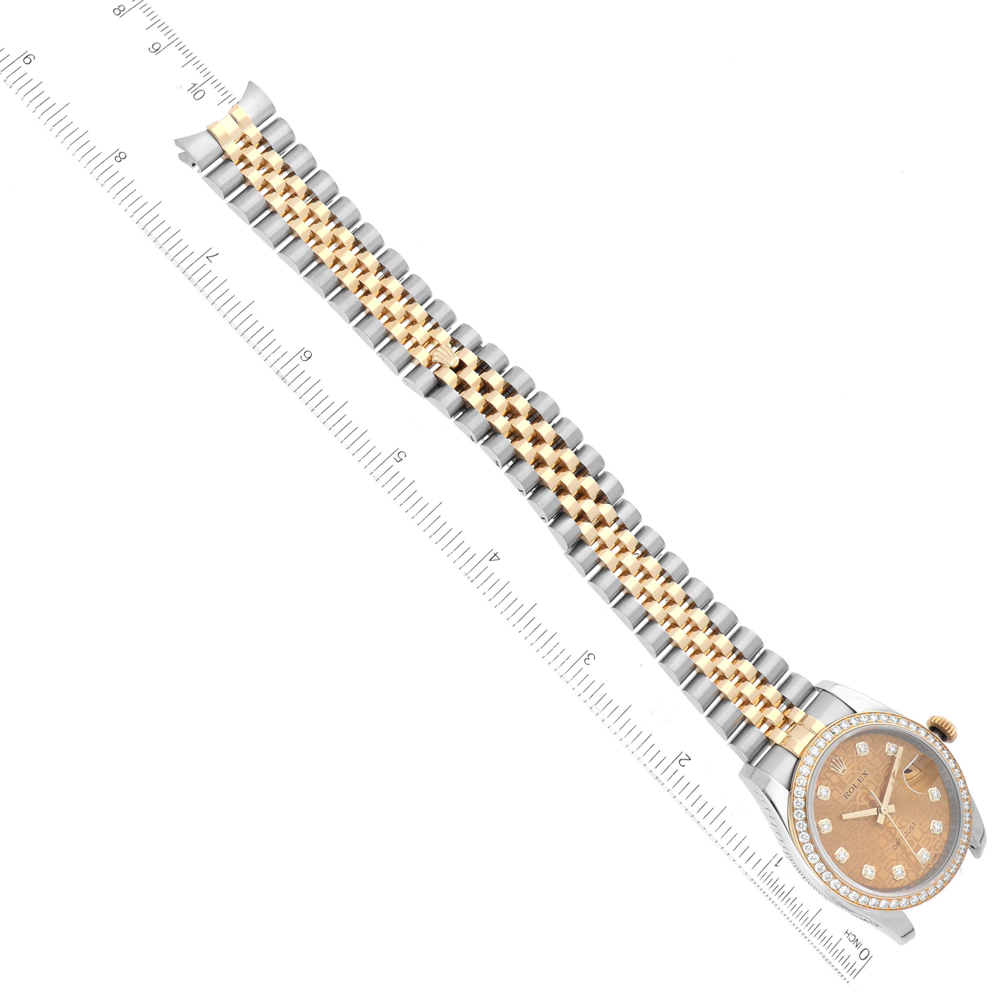 The image shows a Rolex Datejust 116243 Men's Steel and Gold (two tone) Champagne Dial 116243 Men's Steel and Gold (two tone) Champagne Dial watch at an angled top view, highlighting the face, bezel, and two-tone bracelet against a measuring ruler.