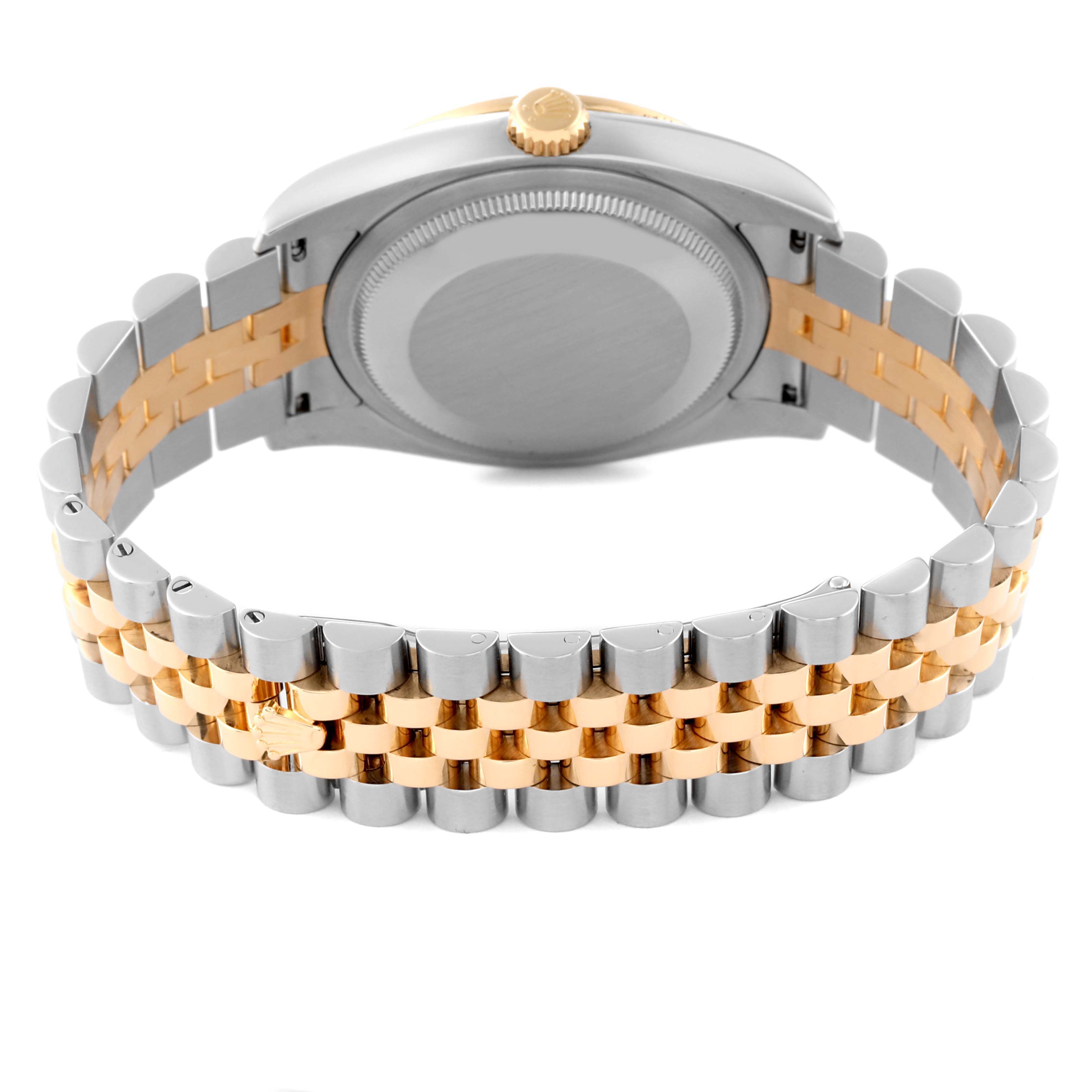 The image shows the back case and bracelet of the Rolex Datejust 116243 Men's Steel and Gold (two tone) Champagne Dial 116243 Men's Steel and Gold (two tone) Champagne Dial watch, focusing on the two-tone metal finish.