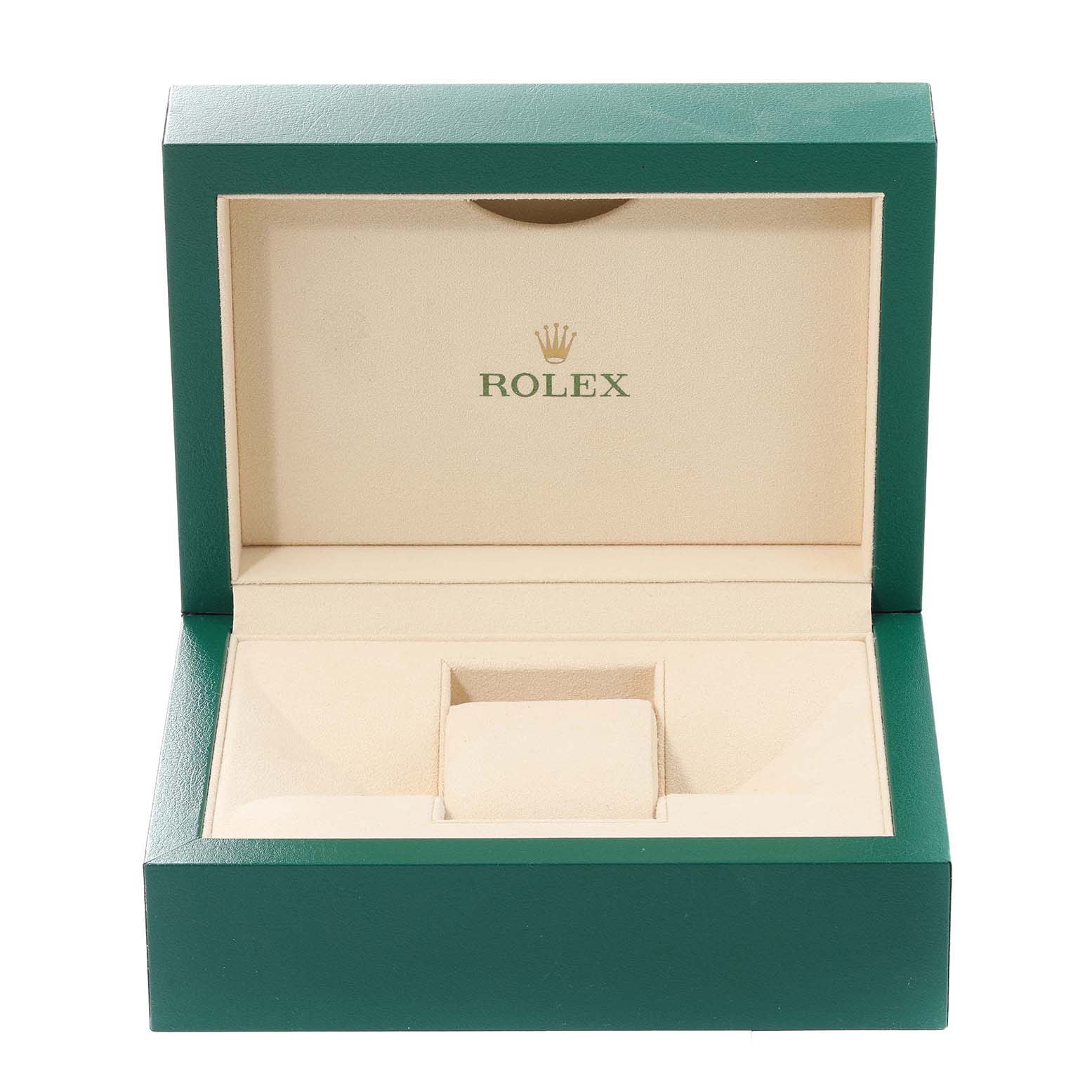 The image shows an open green and beige Rolex watch box for the Datejust model.