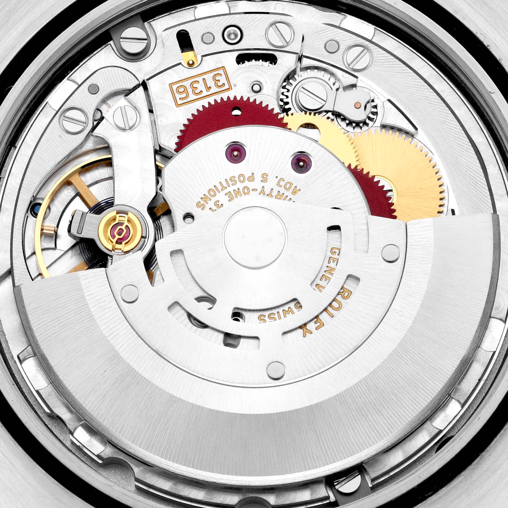 This is a close-up view of the internal mechanism of the Rolex Datejust 41 116334 Men
s Stainless Steel Silver Dial 116334 Men
s Stainless Steel Silver Dial watch.