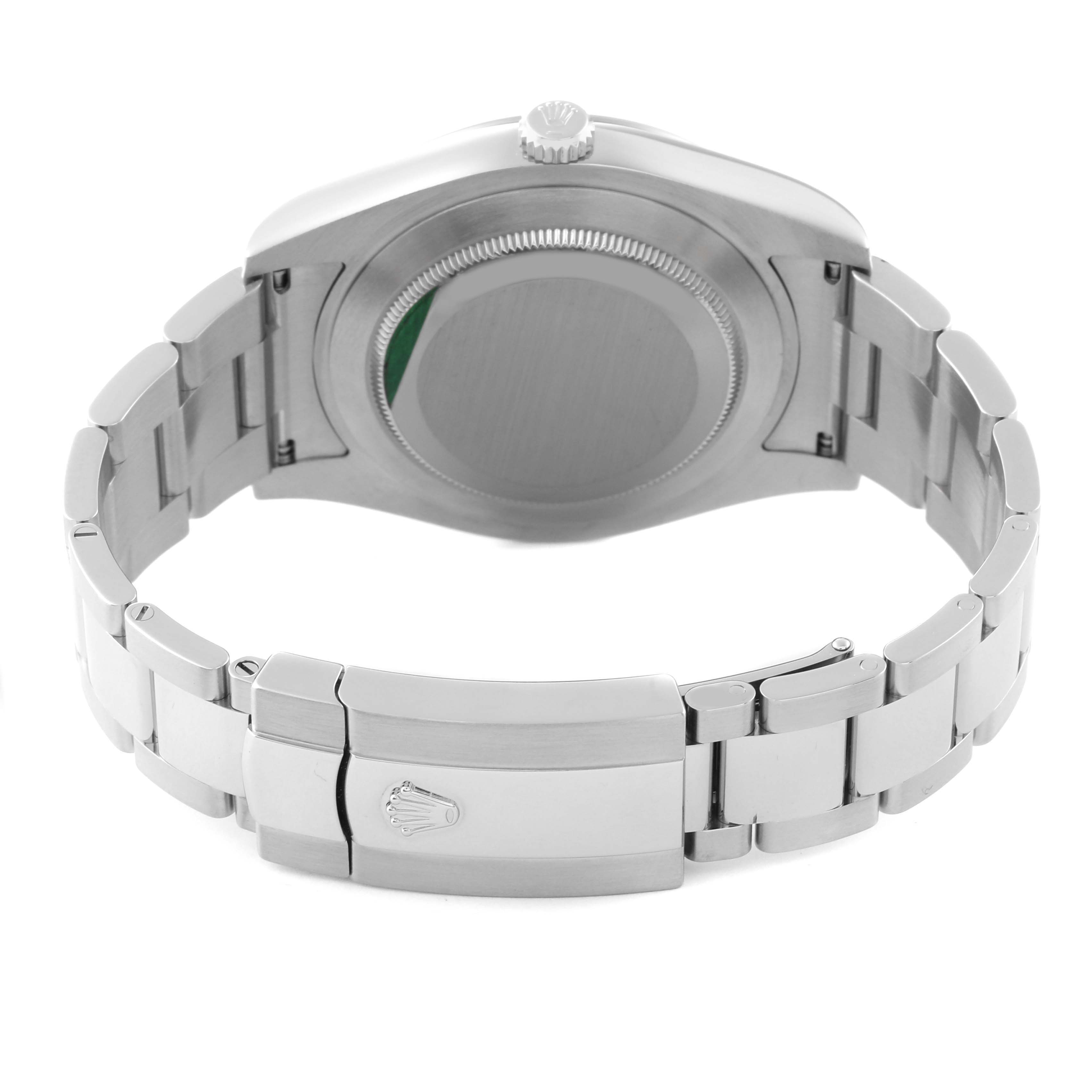 This is a rear view of a Rolex Datejust 41 116334 Men
s Stainless Steel Silver Dial 116334 Men
s Stainless Steel Silver Dial showing the case back, bracelet, and clasp.