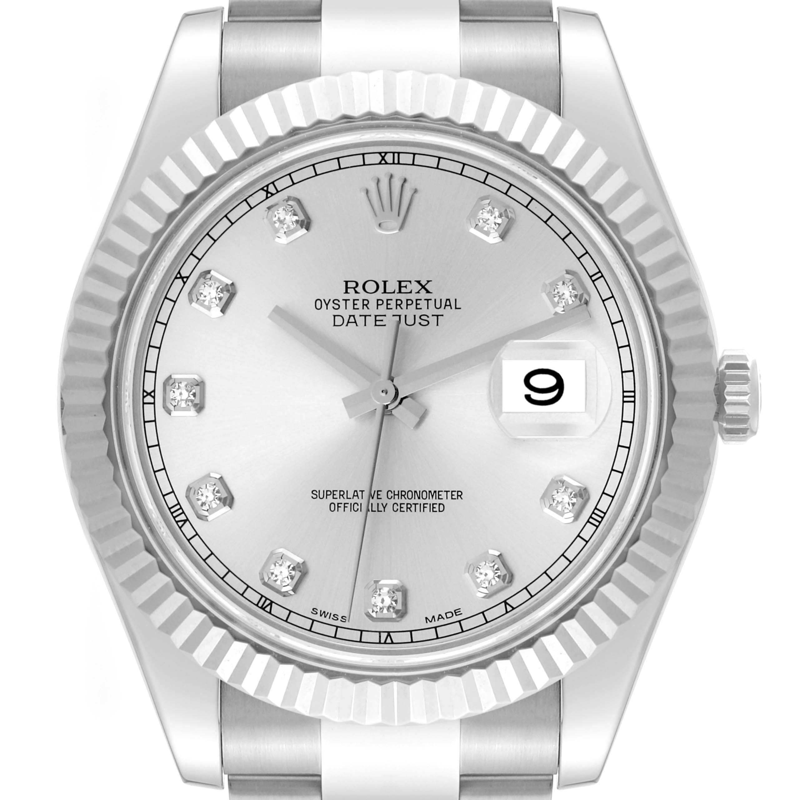 This image shows a front view of the Rolex Datejust 41 116334 Men
s Stainless Steel Silver Dial 116334 Men
s Stainless Steel Silver Dial watch, highlighting the face, bezel, and crown.