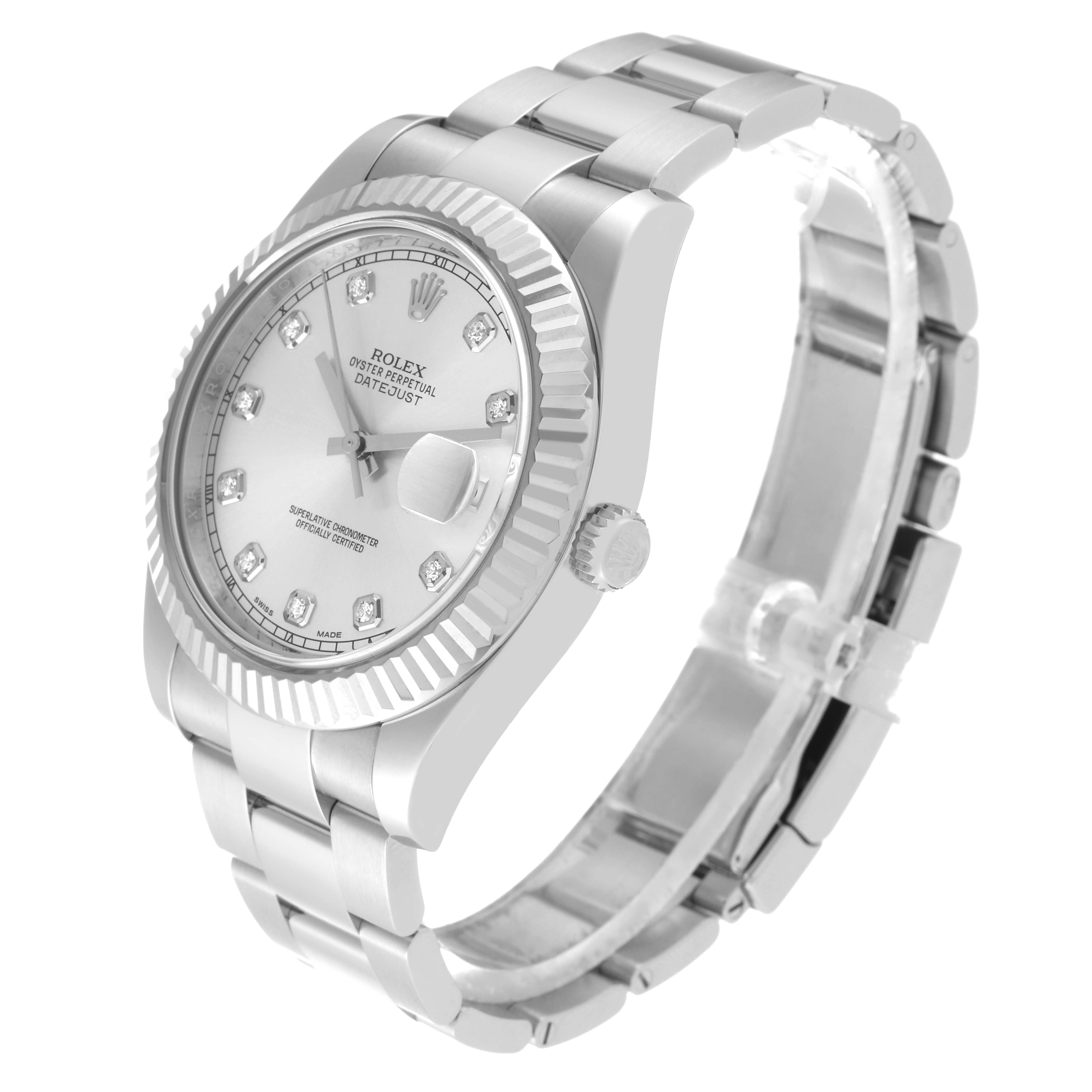 The Rolex Datejust 41 116334 Men
s Stainless Steel Silver Dial 116334 Men
s Stainless Steel Silver Dial is shown at a front-left angle, highlighting its face, bezel, and bracelet.