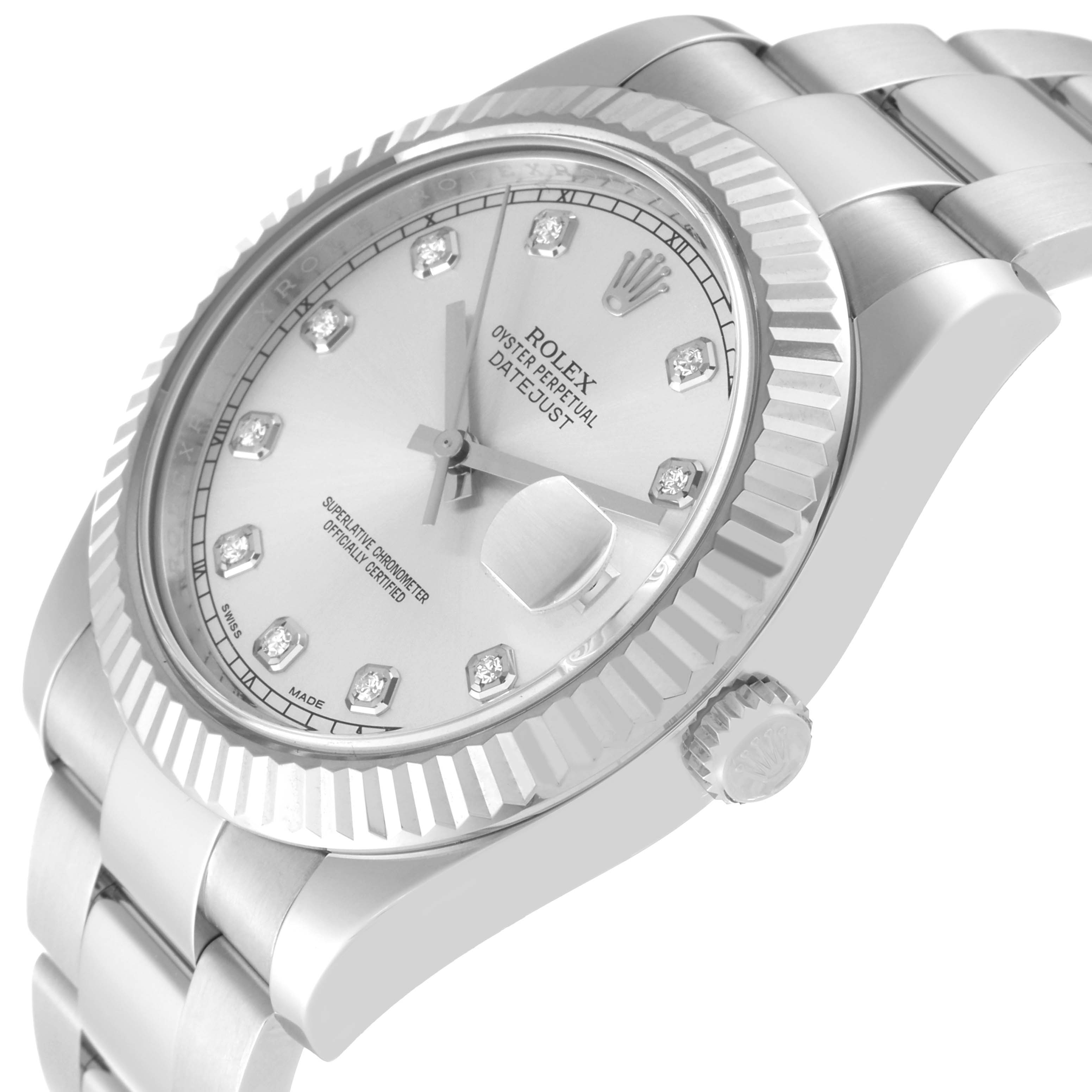 The image shows a close-up side angle of the Rolex Datejust 41 116334 Men
s Stainless Steel Silver Dial 116334 Men
s Stainless Steel Silver Dial watch, highlighting its fluted bezel, dial, and part of the bracelet.