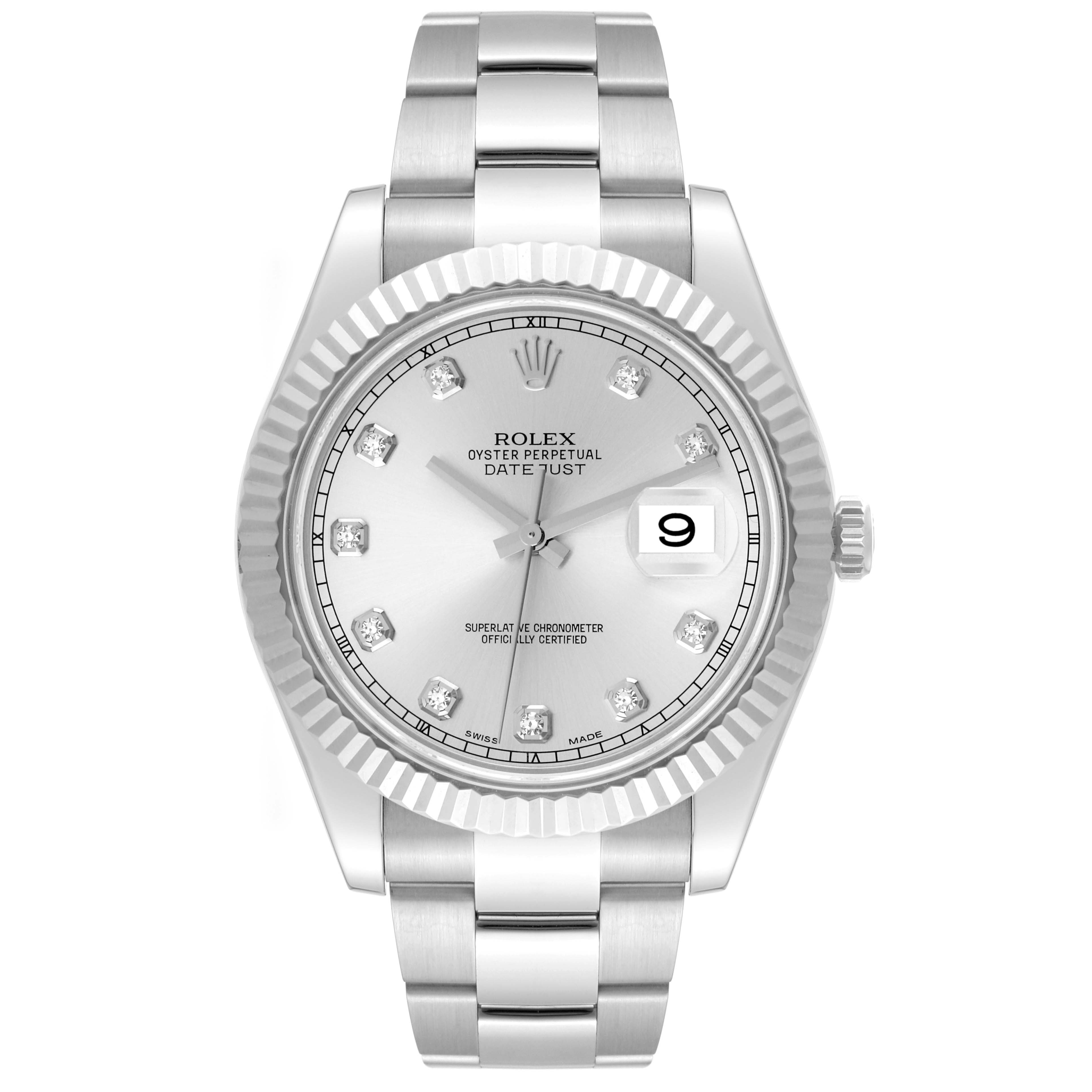 The image shows a Rolex Datejust 41 116334 Men
s Stainless Steel Silver Dial 116334 Men
s Stainless Steel Silver Dial watch, displaying its dial, bezel, crown, and full bracelet from a front angle.