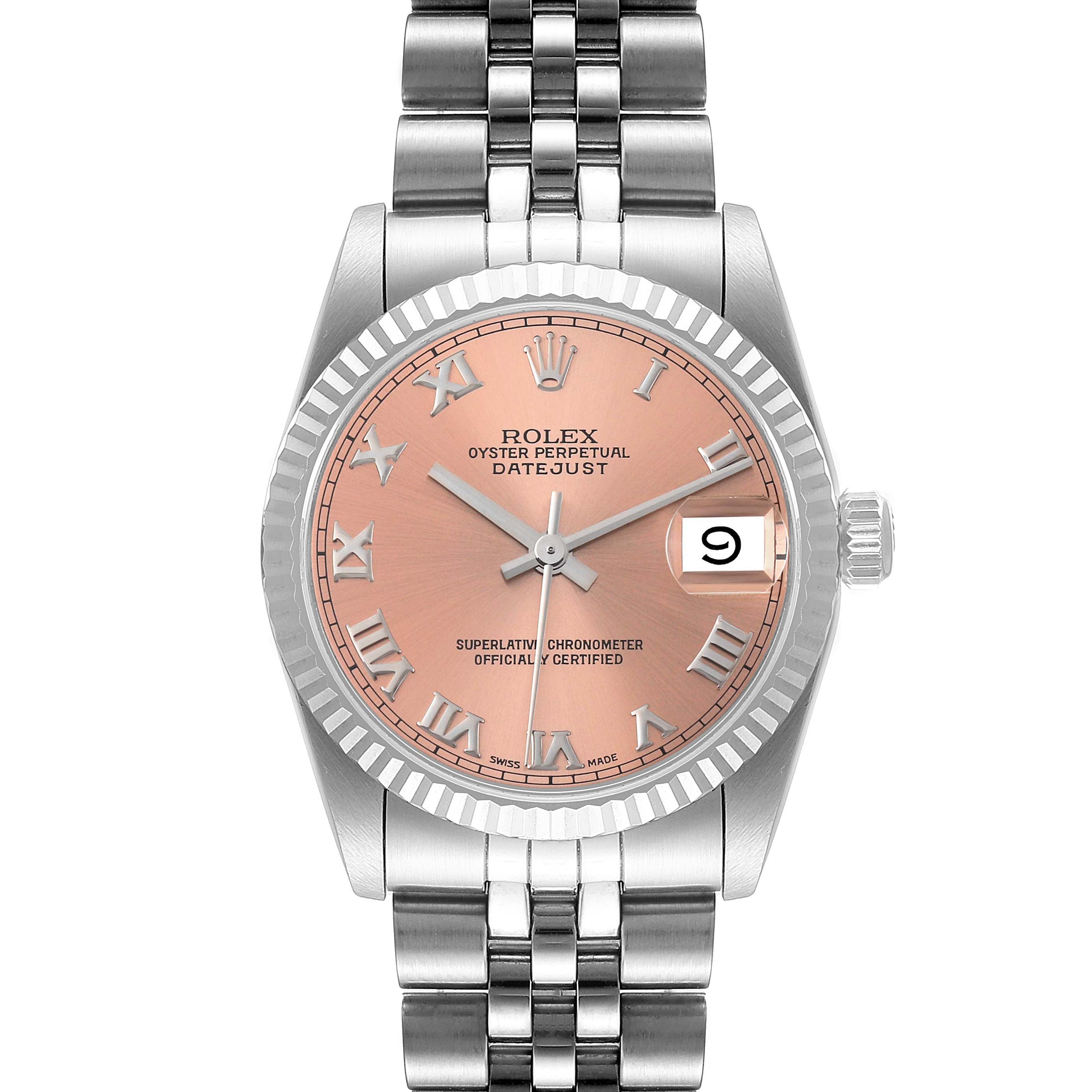 The image shows a front view of a Rolex Mid-Size 68274 Women
s Stainless Steel Pink Dial 68274 Women
s Stainless Steel Pink Dial Oyster Perpetual Datejust watch with a pink dial and Jubilee bracelet.