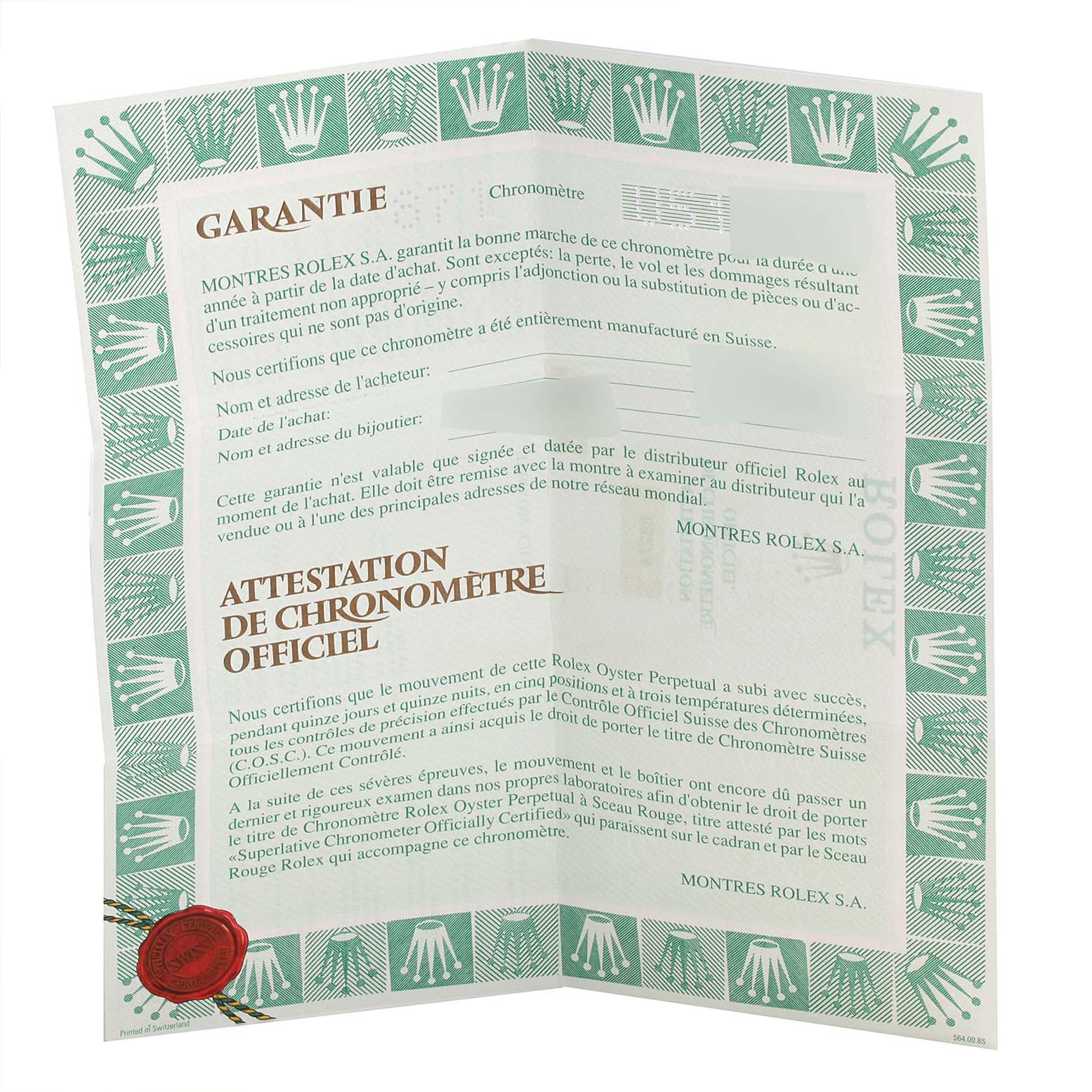 The image shows a Rolex Mid-Size 68274 Women
s Stainless Steel Pink Dial 68274 Women
s Stainless Steel Pink Dial model
s guarantee and chronometer certificate, unfolded with green and white detailing.