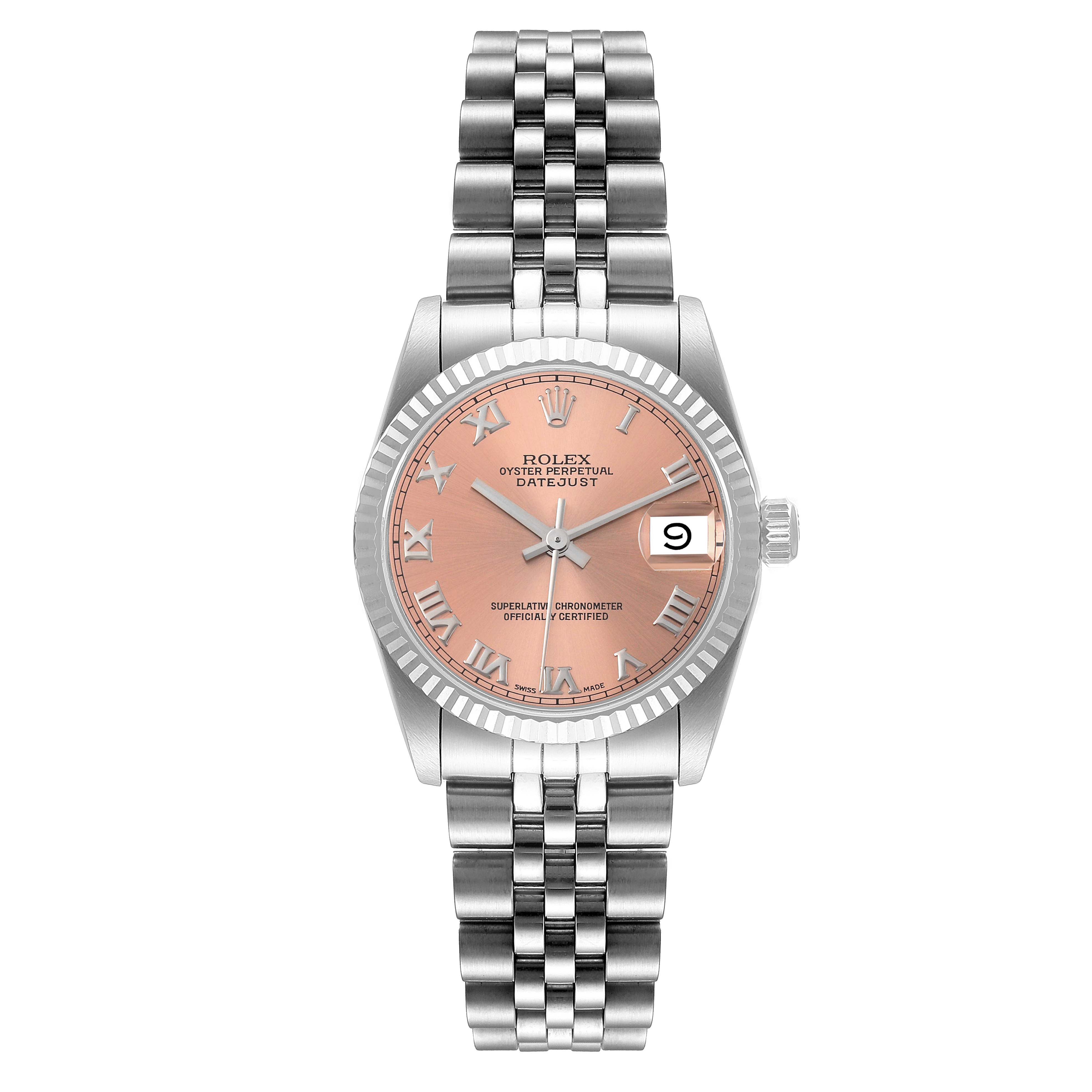 The image shows a front view of a Rolex Mid-Size 68274 Women
s Stainless Steel Pink Dial 68274 Women
s Stainless Steel Pink Dial Datejust watch, displaying its face, bezel, and bracelet.