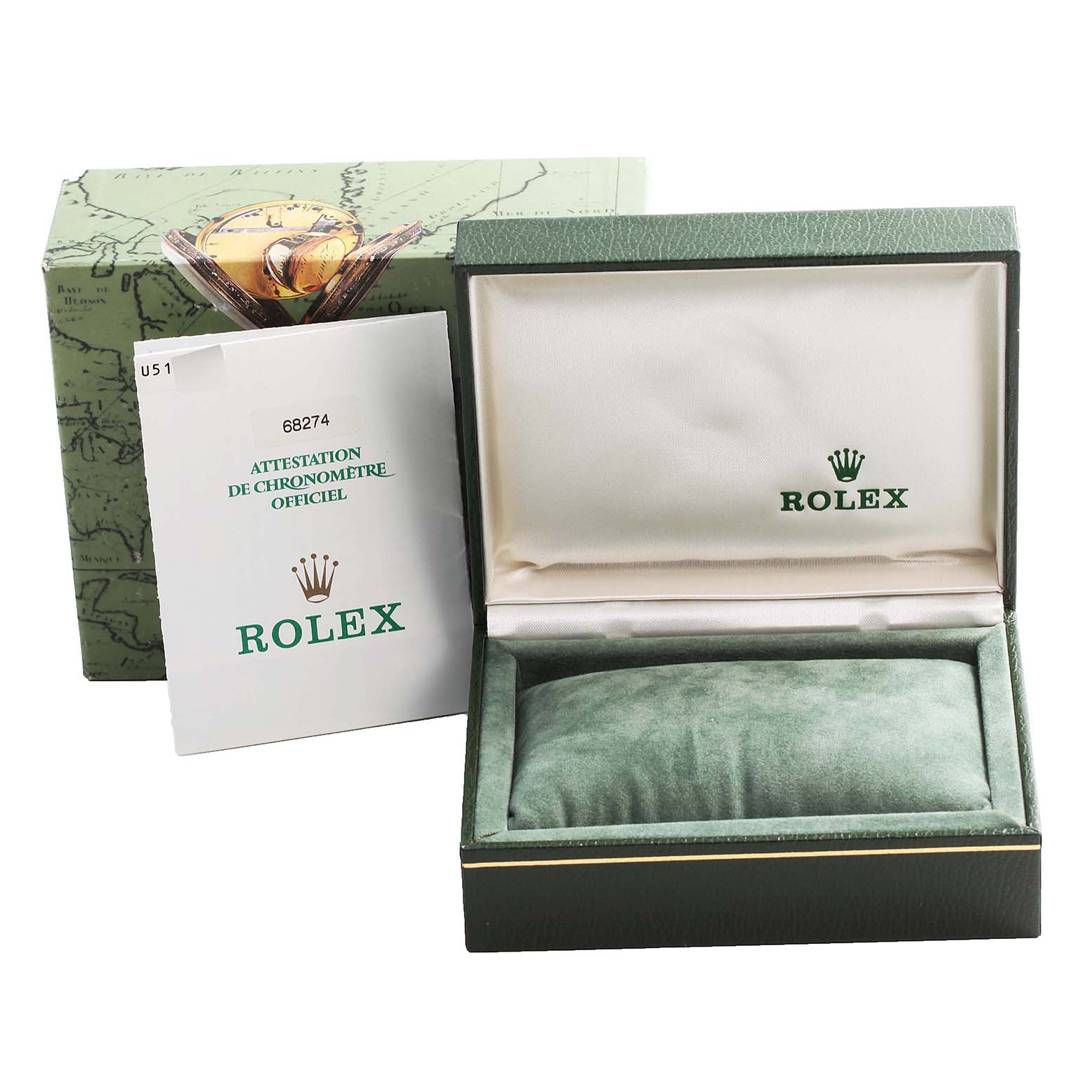 The image shows a green Rolex box for a Mid-Size model and accompanying official chronometer certification paperwork.