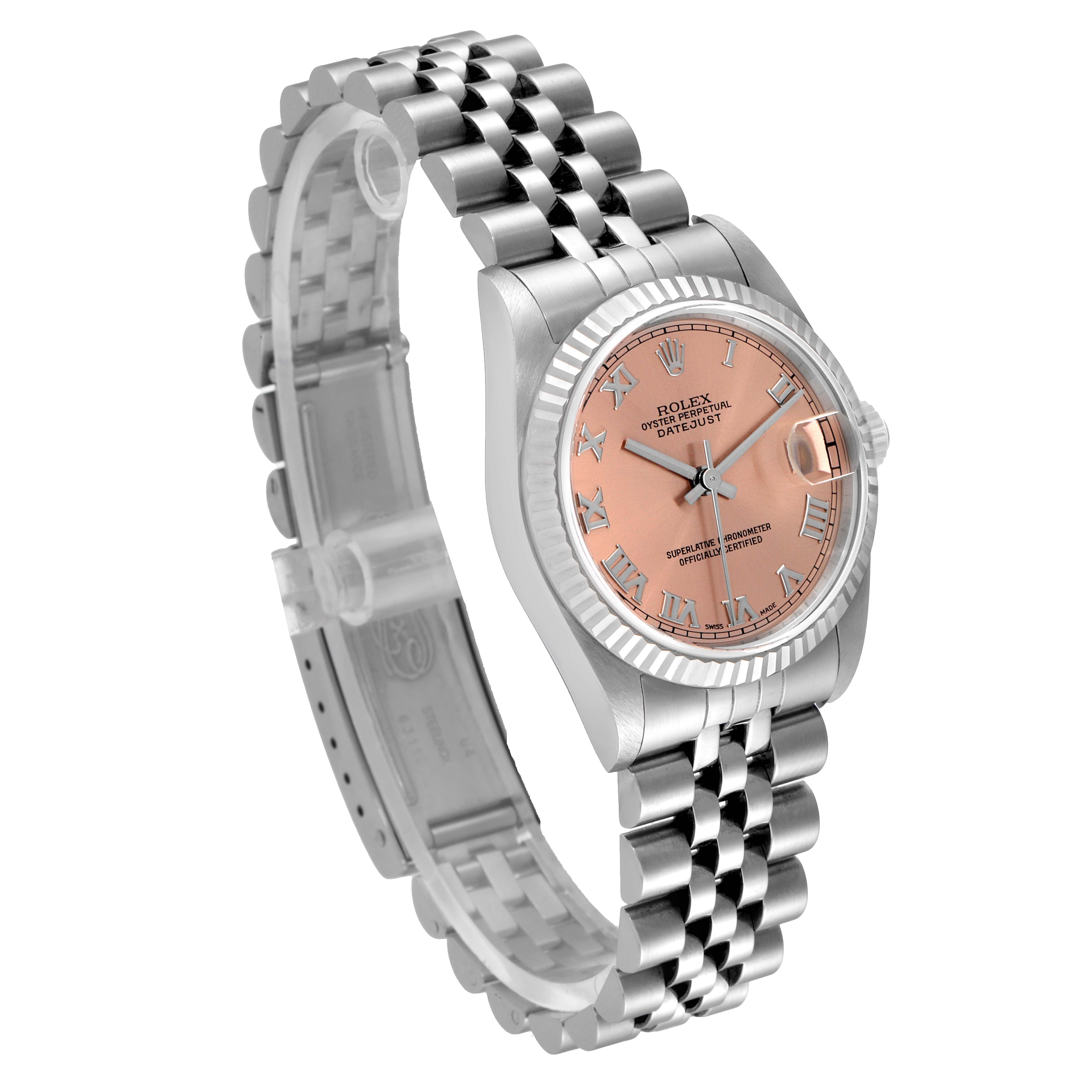 The Rolex Mid-Size 68274 Women
s Stainless Steel Pink Dial 68274 Women
s Stainless Steel Pink Dial Datejust watch is shown at an angled side view, highlighting the face, bezel, and bracelet.
