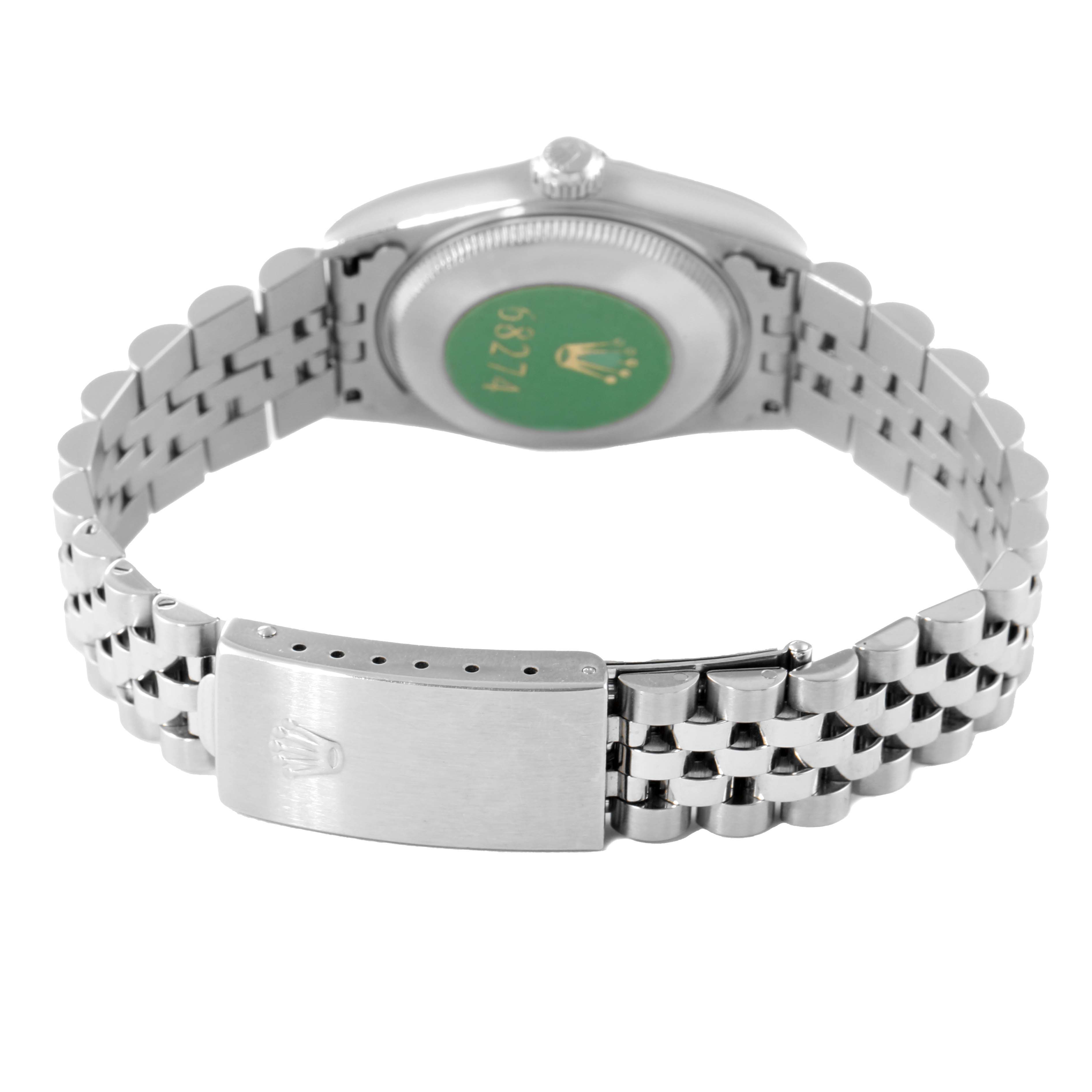 This image shows the back view of a Mid-Size Rolex watch, highlighting the bracelet and clasp.