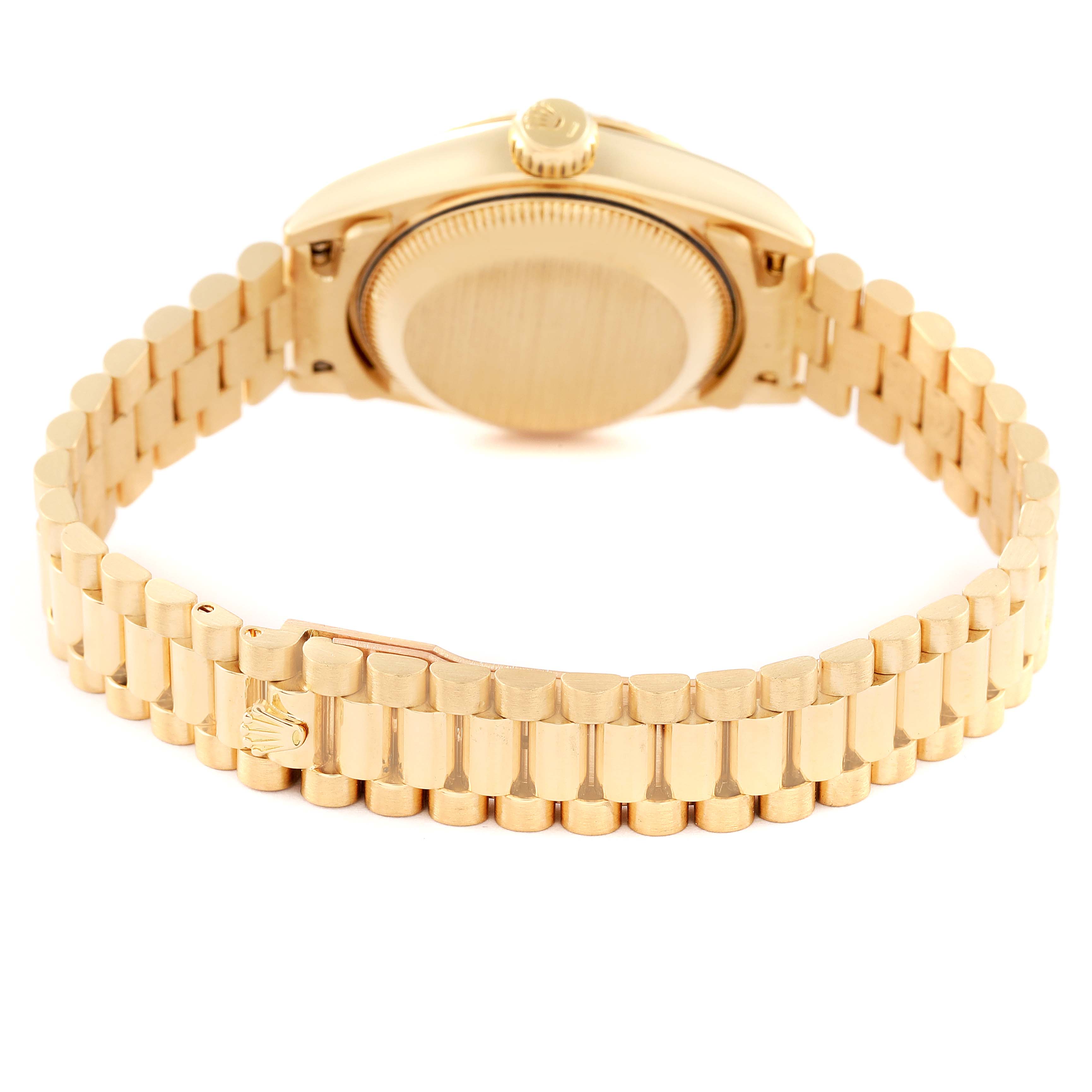 The Rolex President 69178 Women's Yellow Gold Champagne Dial 69178 Women's Yellow Gold Champagne Dial model watch is shown from the back, highlighting its gold bracelet and case back.