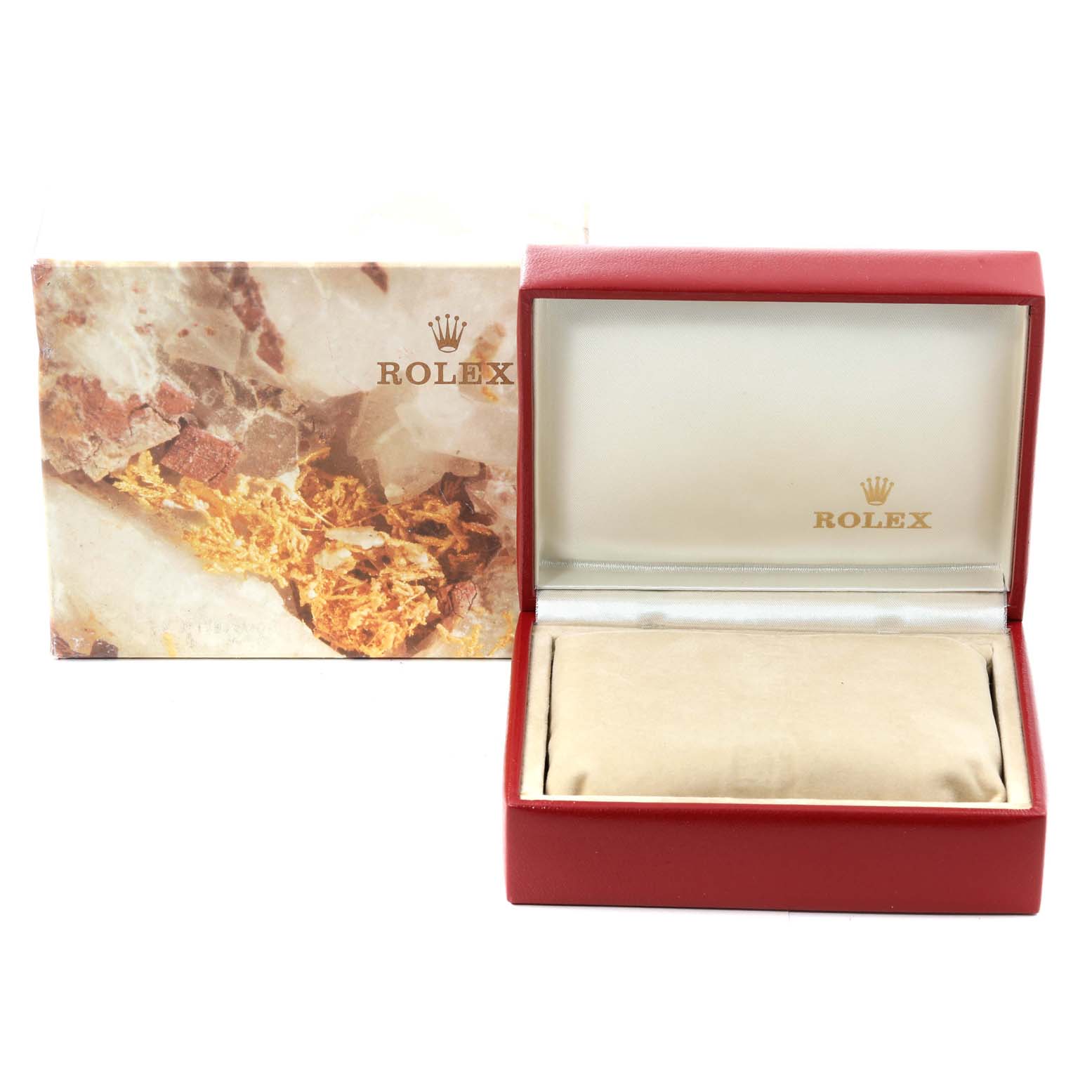 The image shows the box for a Rolex President 69178 Women's Yellow Gold Champagne Dial 69178 Women's Yellow Gold Champagne Dial model watch, featuring a red exterior and the Rolex logo inside.