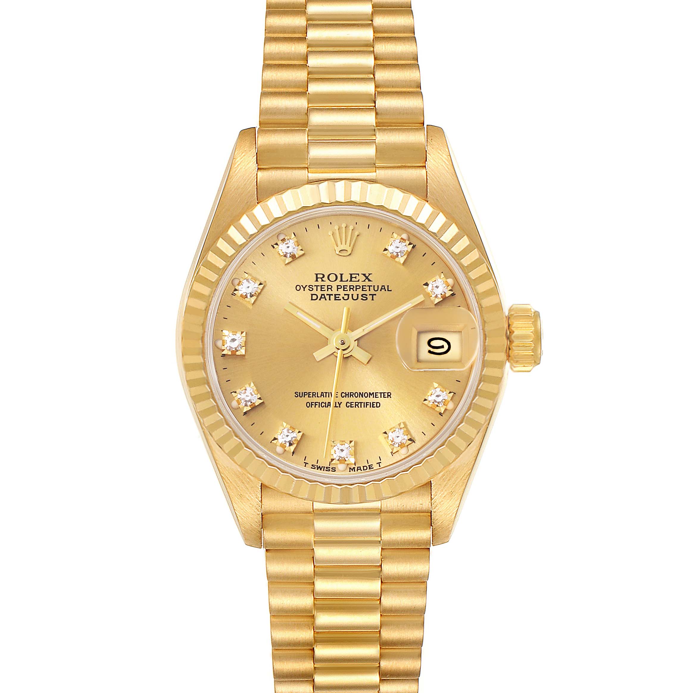 This image shows a Rolex President 69178 Women's Yellow Gold Champagne Dial 69178 Women's Yellow Gold Champagne Dial Datejust watch from a top-down angle, displaying the dial, bezel, and bracelet.