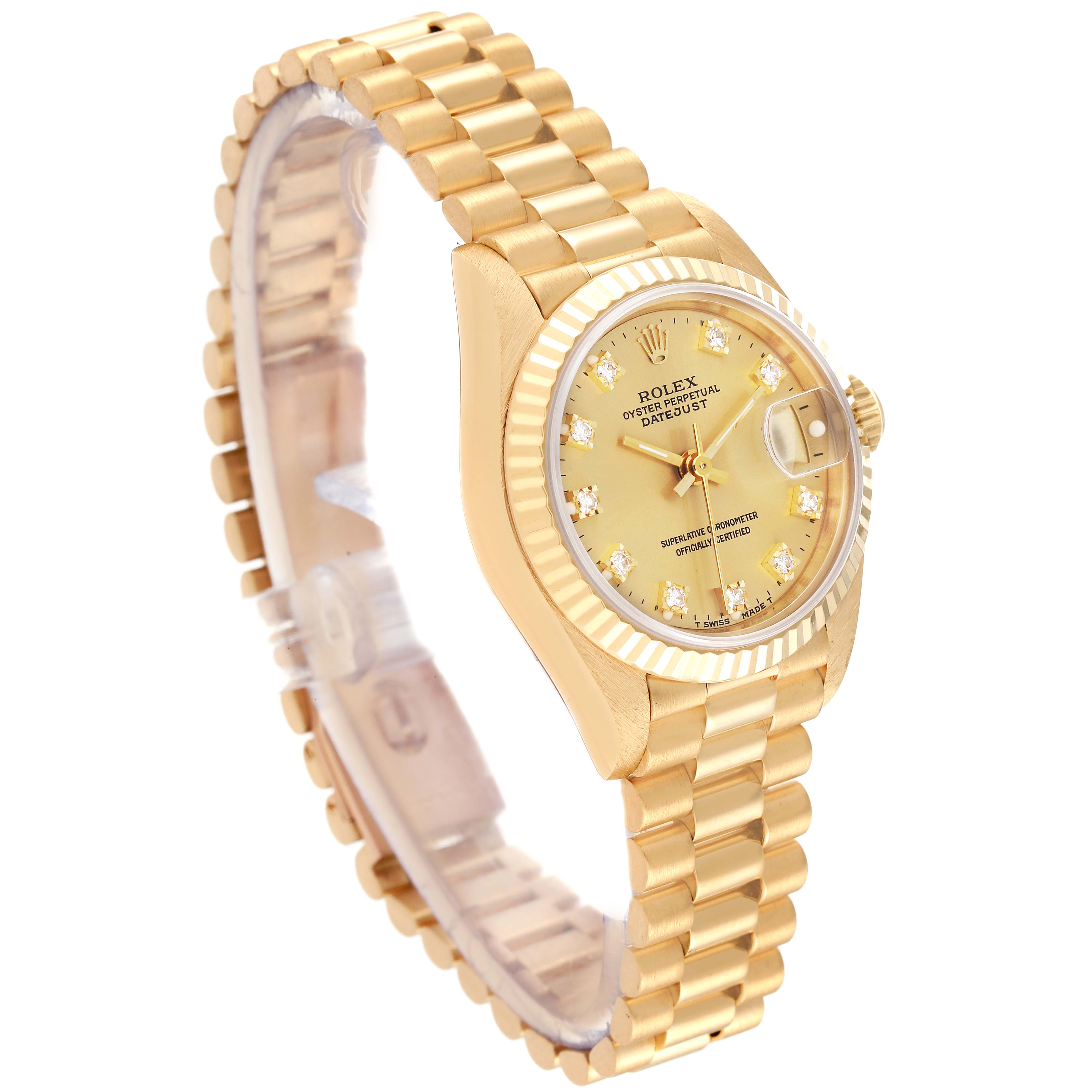 The image shows a side angle of a Rolex President 69178 Women's Yellow Gold Champagne Dial 69178 Women's Yellow Gold Champagne Dial model watch, highlighting the band, bezel, dial, and crown.