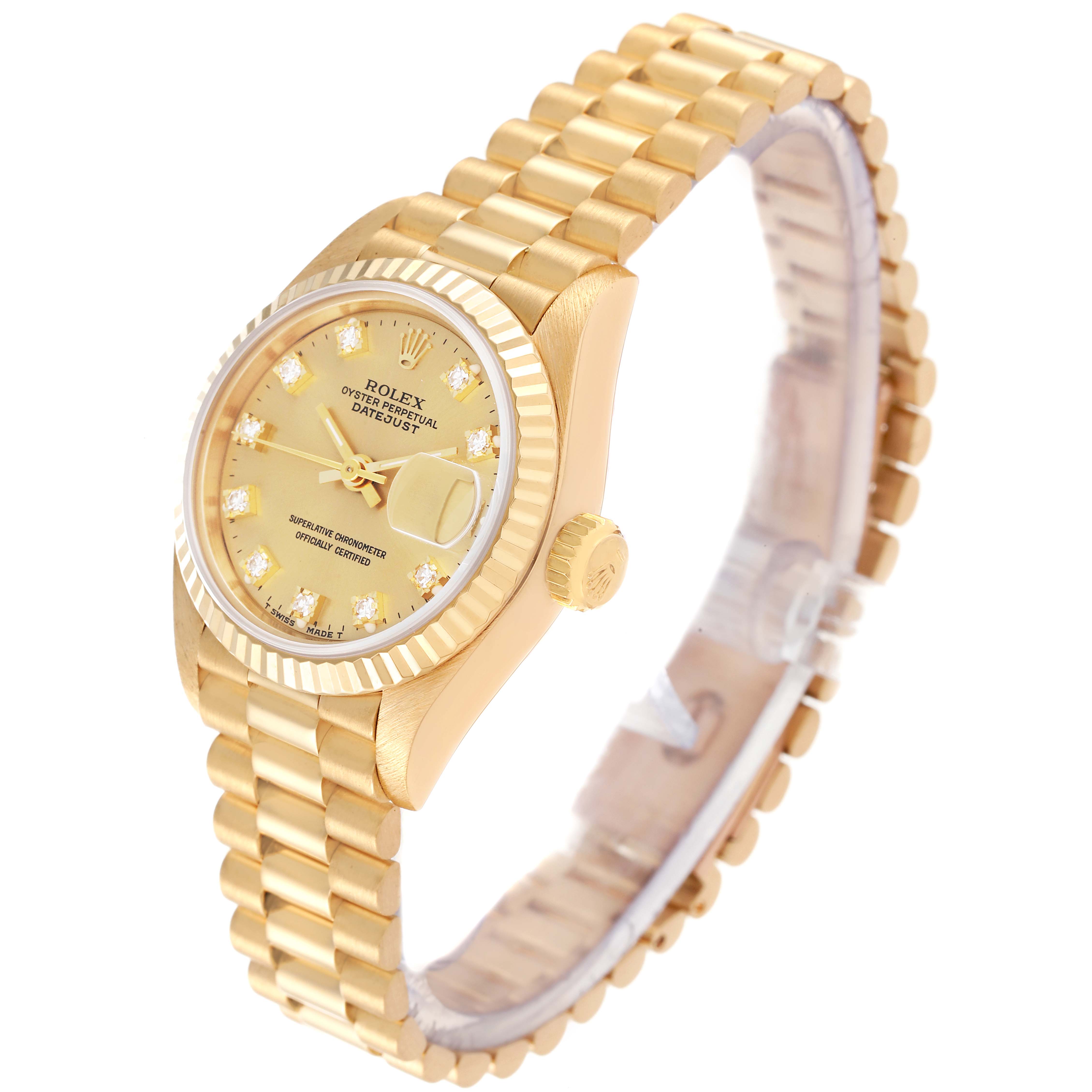 The image shows a Rolex President 69178 Women's Yellow Gold Champagne Dial 69178 Women's Yellow Gold Champagne Dial model watch at an upper-left angled view, highlighting its gold bracelet, dial, and bezel.