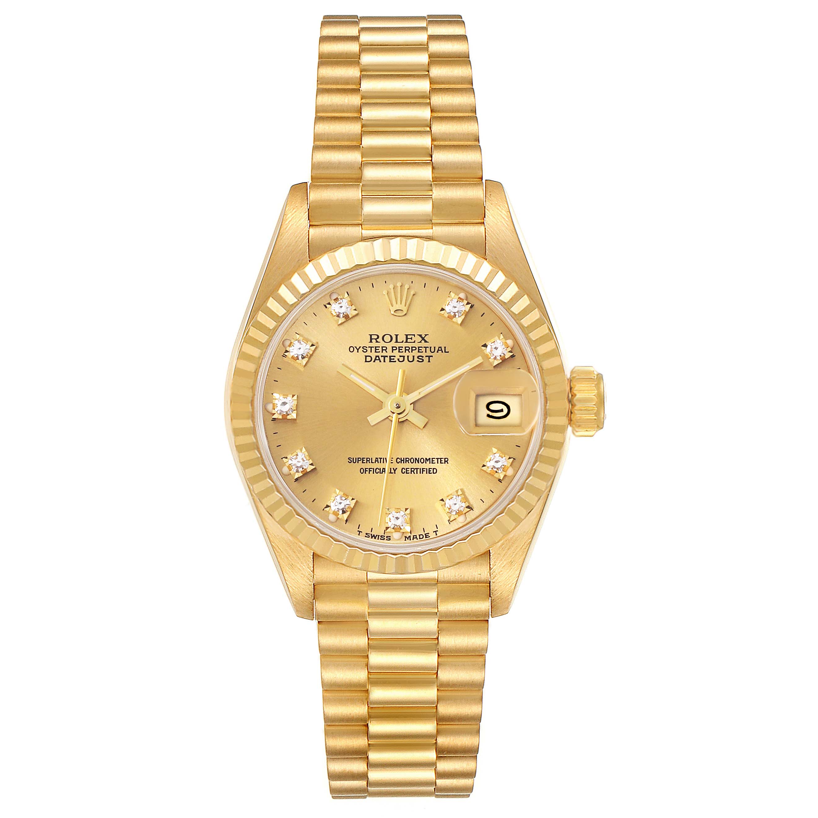 This image shows a frontal view of a Rolex President 69178 Women's Yellow Gold Champagne Dial 69178 Women's Yellow Gold Champagne Dial model watch, highlighting the dial, hands, date display, and linked bracelet.