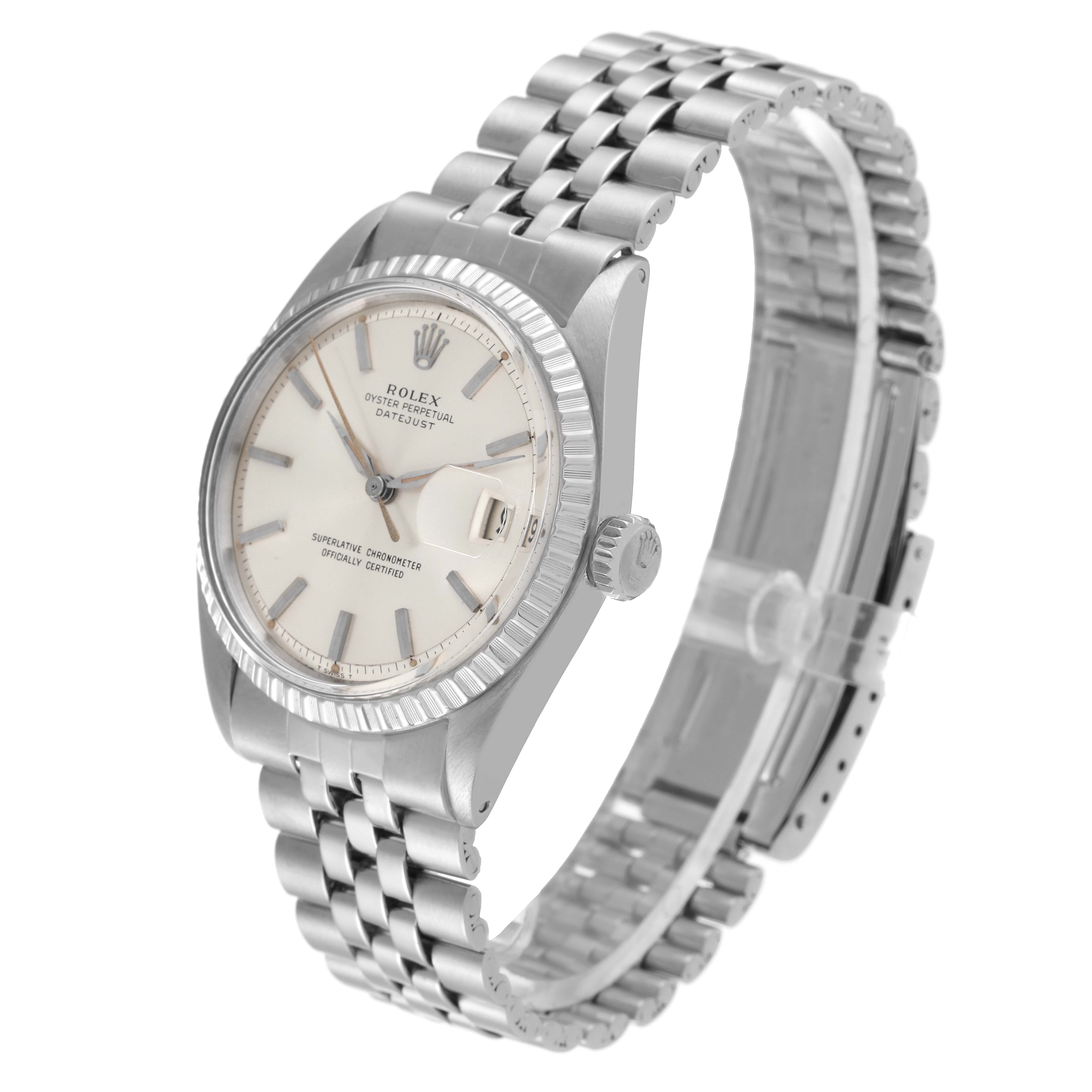 The Rolex Vintage Collection 1603 Men's Stainless Steel Silver Dial 1603 Men's Stainless Steel Silver Dial watch is shown at an angled view, displaying its face, crown, bezel, and bracelet.