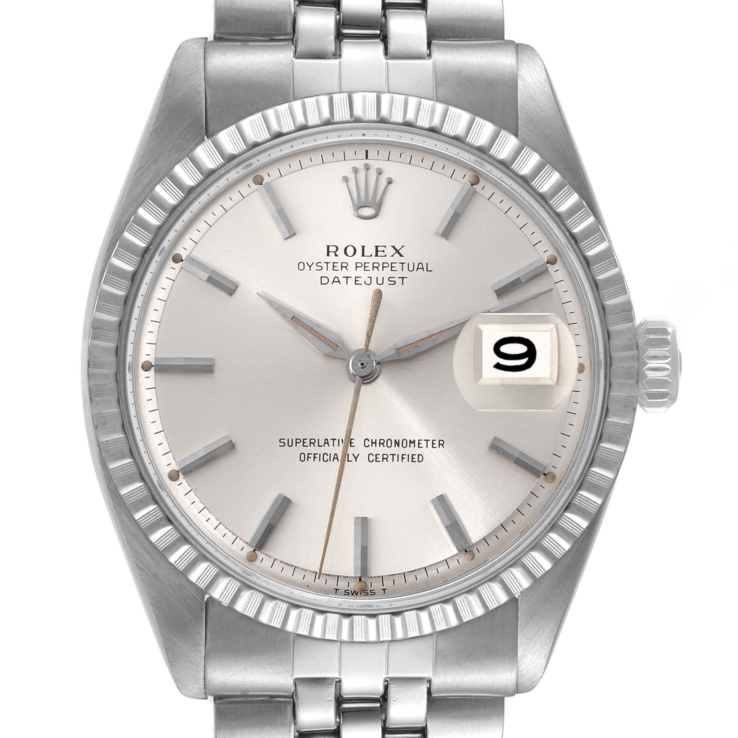 This is a front view of a Rolex Vintage Collection 1603 Men's Stainless Steel Silver Dial 1603 Men's Stainless Steel Silver Dial Oyster Perpetual Datejust watch, showing the dial, bezel, and bracelet.