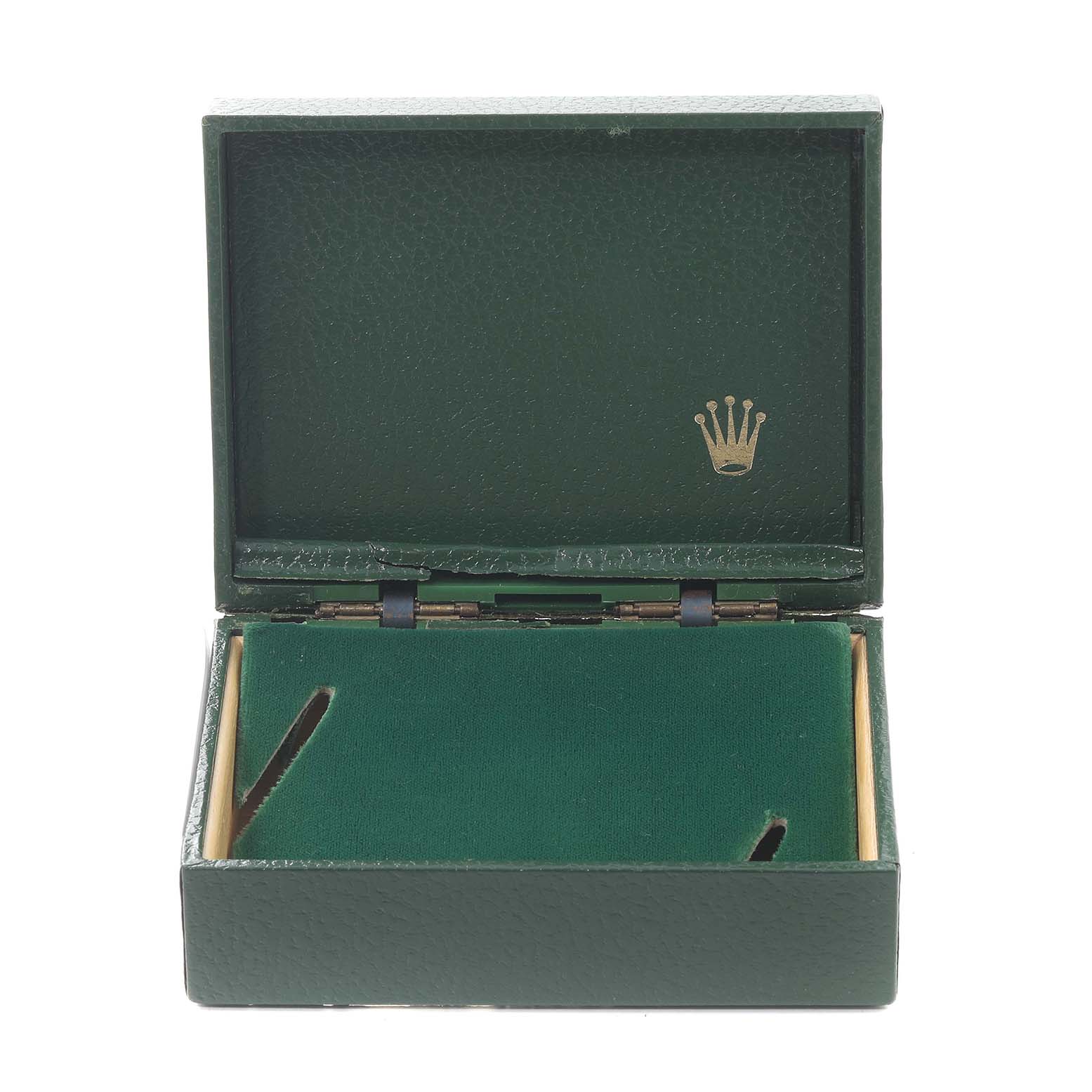This image shows an open green Rolex watch box from the Vintage Collection model.