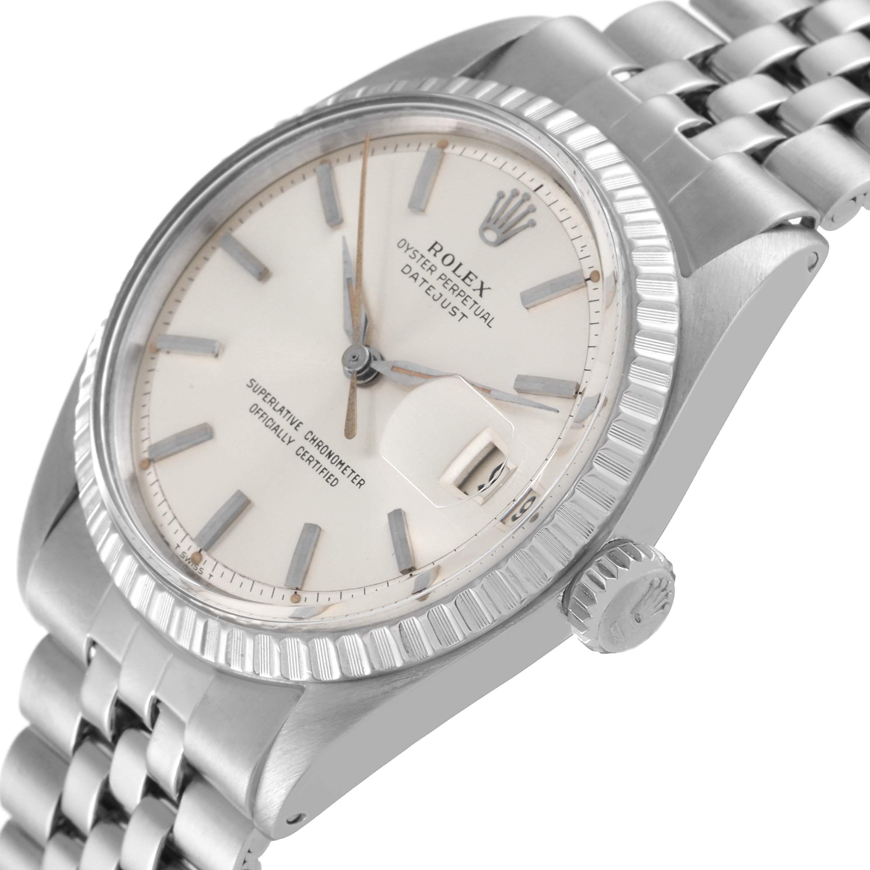 The Rolex Vintage Collection 1603 Men's Stainless Steel Silver Dial 1603 Men's Stainless Steel Silver Dial model watch is shown from a front-angle view, highlighting the dial, bezel, and crown.