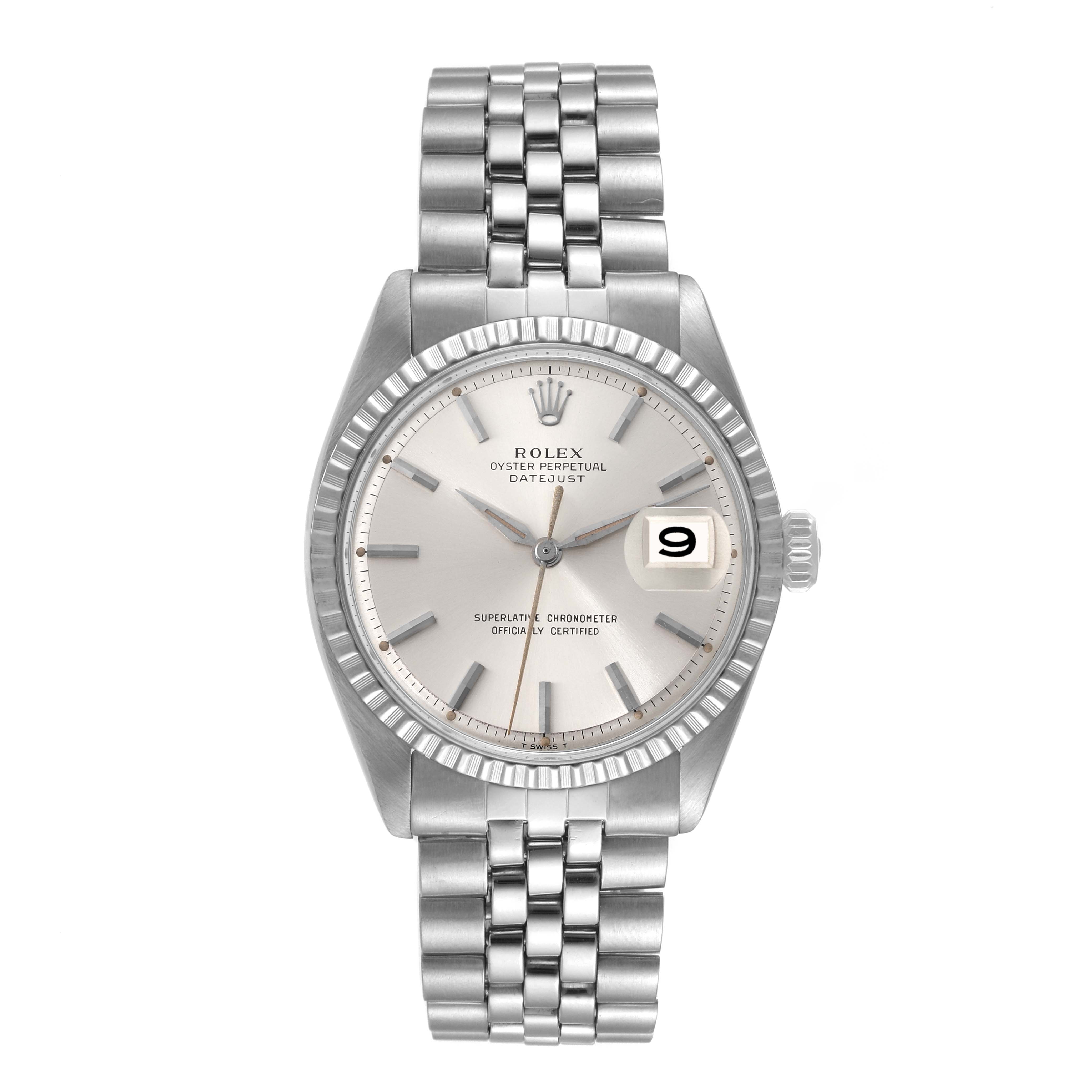 The Rolex Vintage Collection 1603 Men's Stainless Steel Silver Dial 1603 Men's Stainless Steel Silver Dial watch is shown from a top-down angle, displaying the face, bezel, dial, hands, crown, and bracelet.