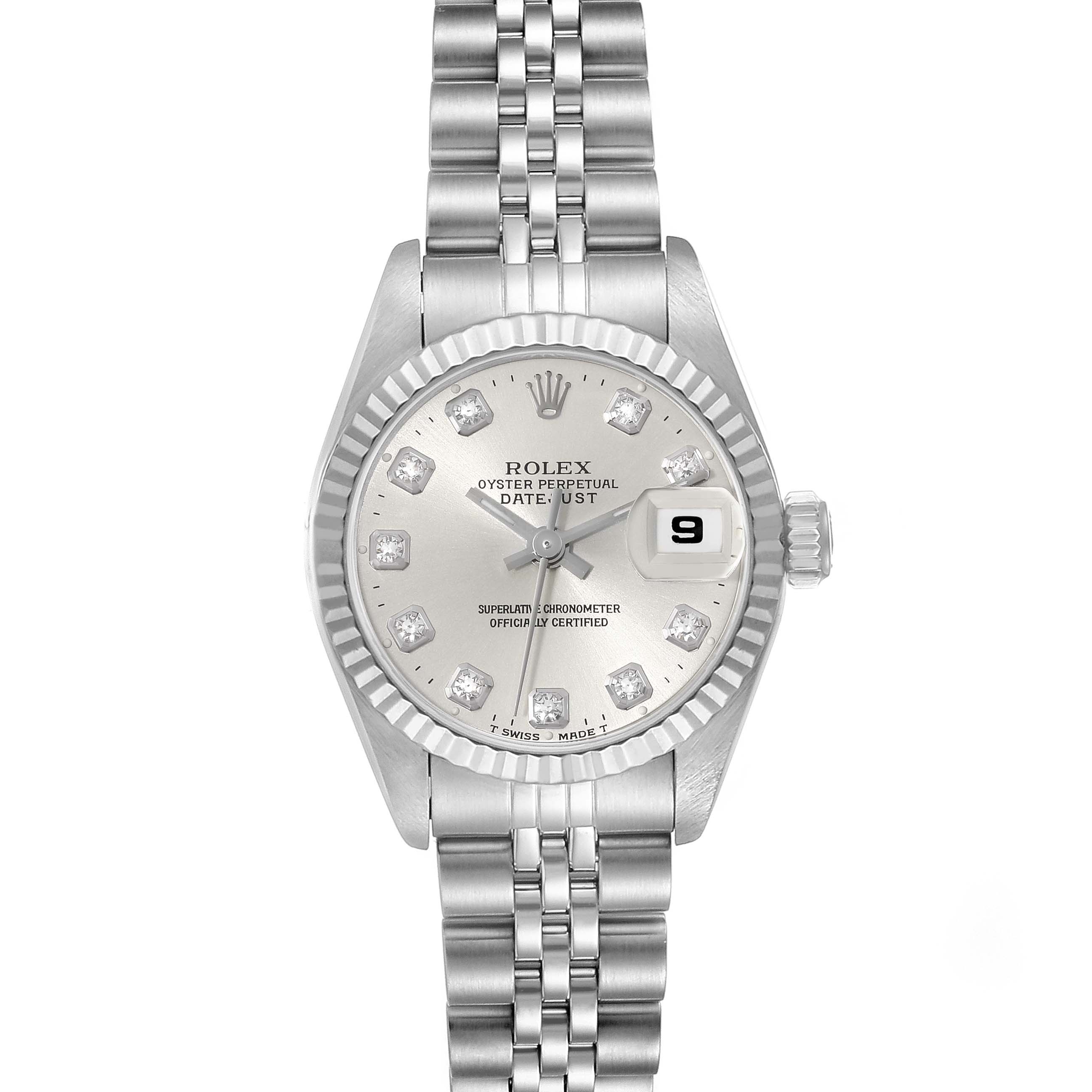 The image shows a Rolex Datejust 69174 Women's Stainless Steel Silver Dial 69174 Women's Stainless Steel Silver Dial watch from a front angle, highlighting its dial, bezel, bracelet, and date window.