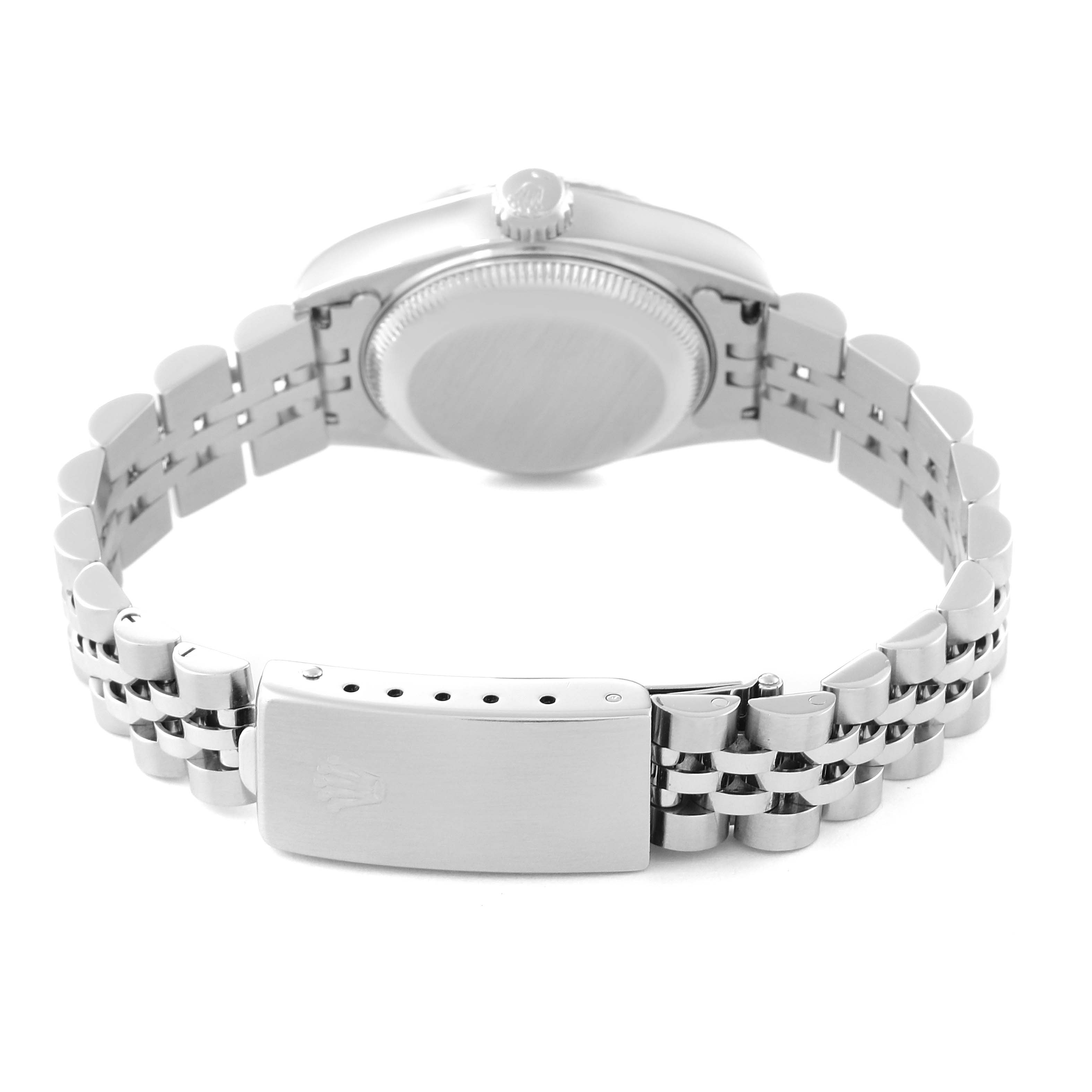 This image shows the back casing and bracelet clasp of a Rolex Datejust 69174 Women's Stainless Steel Silver Dial 69174 Women's Stainless Steel Silver Dial watch from a rear angle.