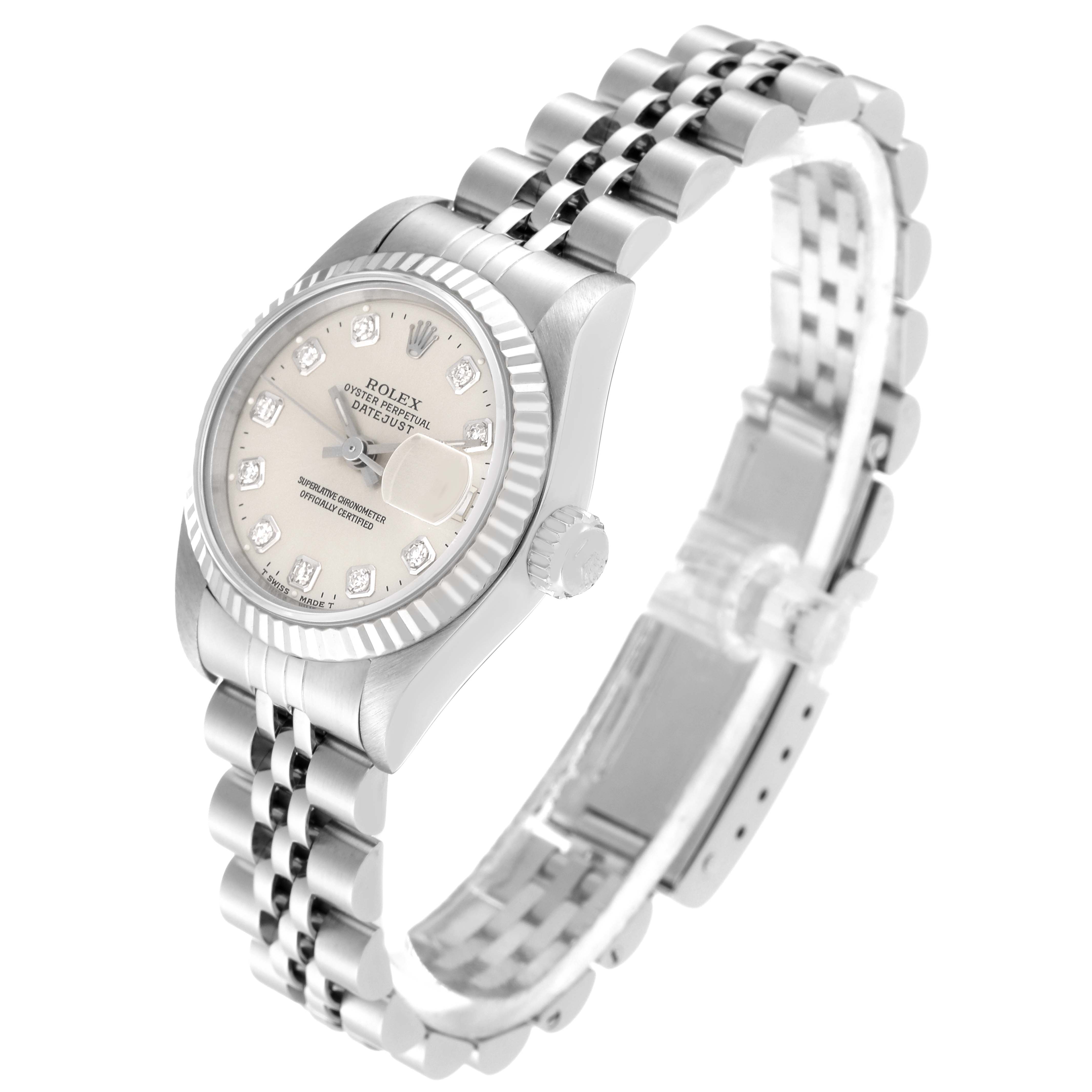 The Rolex Datejust 69174 Women's Stainless Steel Silver Dial 69174 Women's Stainless Steel Silver Dial watch is shown at a three-quarter angle, displaying the dial, bezel, crown, and part of the bracelet.
