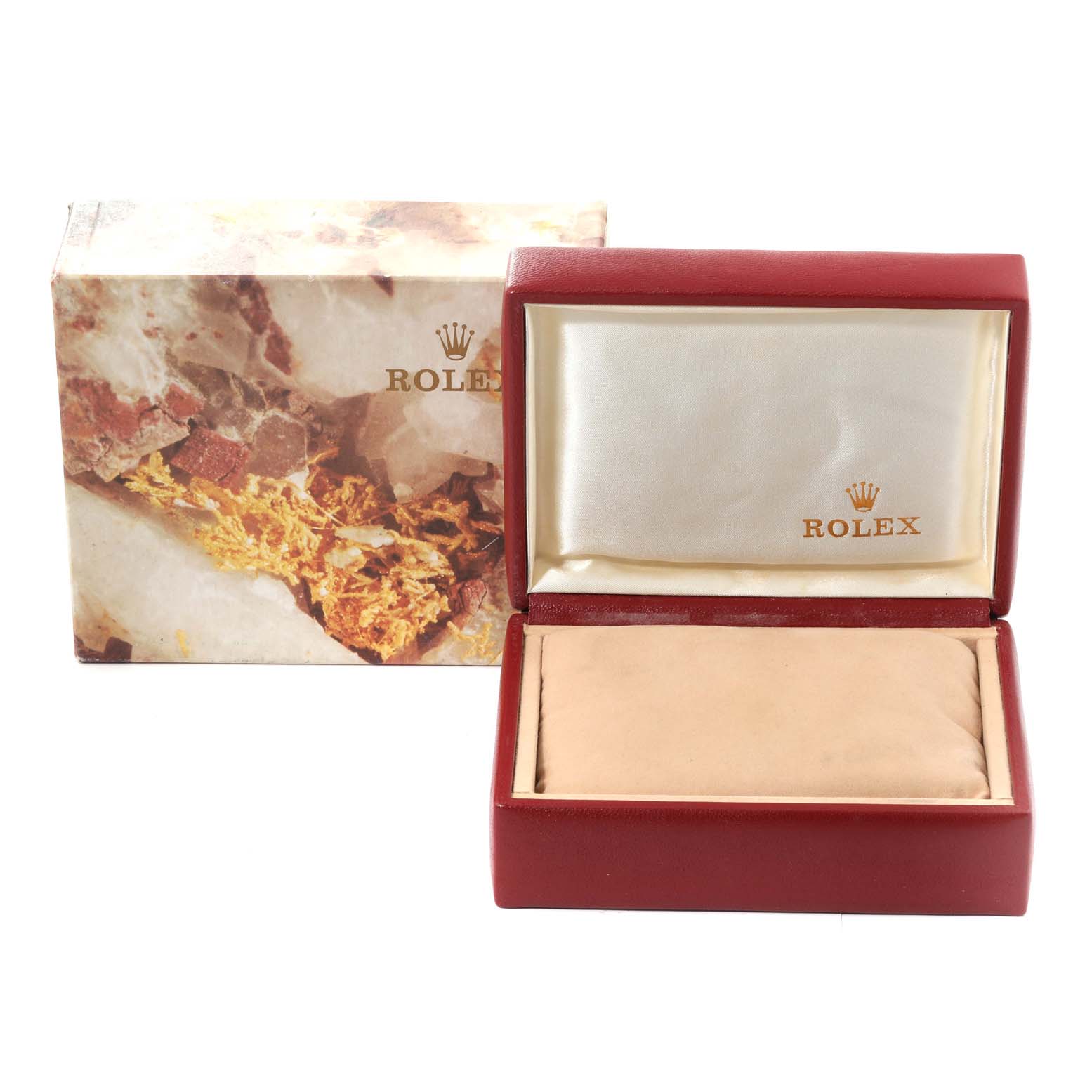 The image shows a red Rolex Datejust 69174 Women's Stainless Steel Silver Dial 69174 Women's Stainless Steel Silver Dial watch box and its outer case from a straight-on angle.