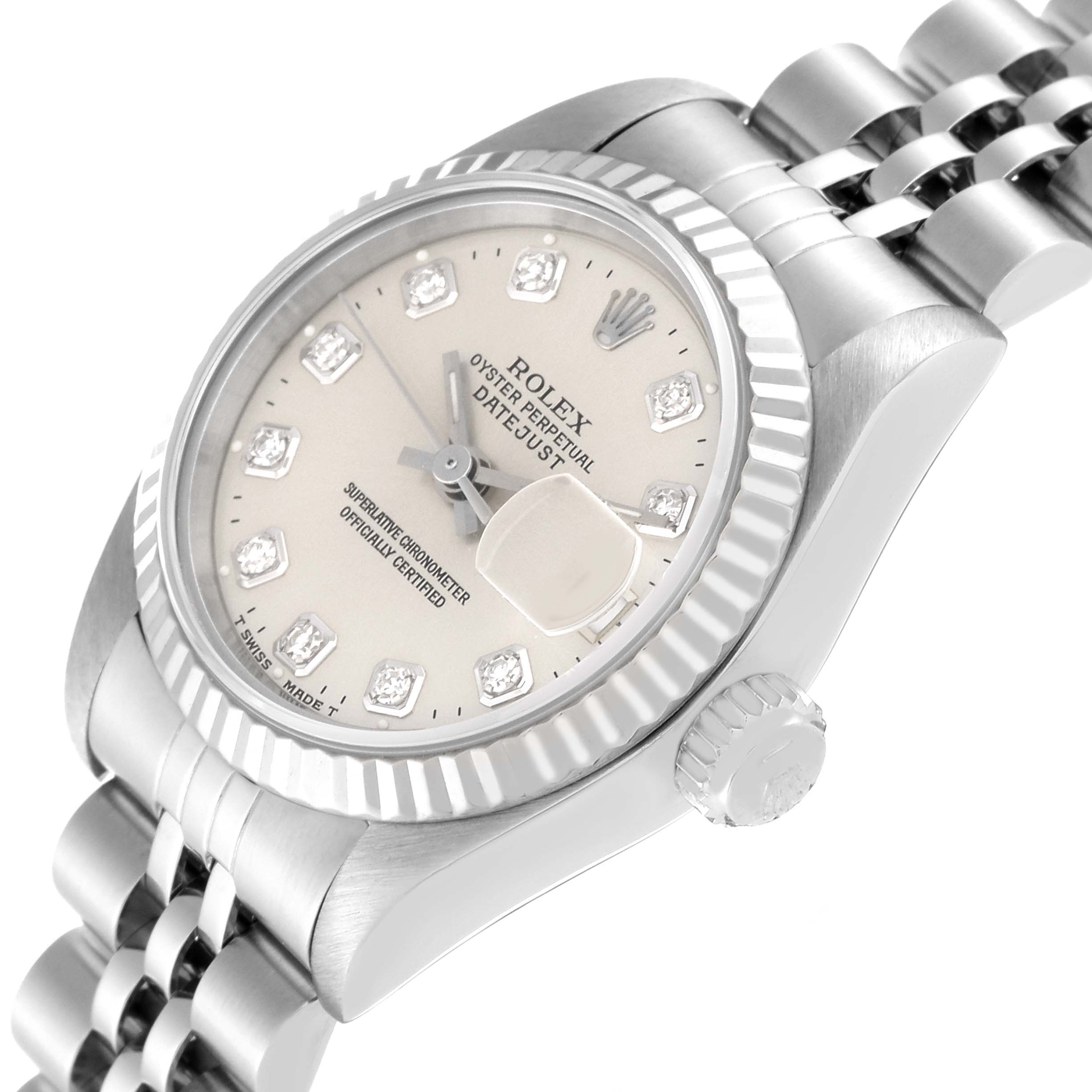 The Rolex Datejust 69174 Women's Stainless Steel Silver Dial 69174 Women's Stainless Steel Silver Dial watch is shown from an angled perspective highlighting the dial, bezel, and partial bracelet.