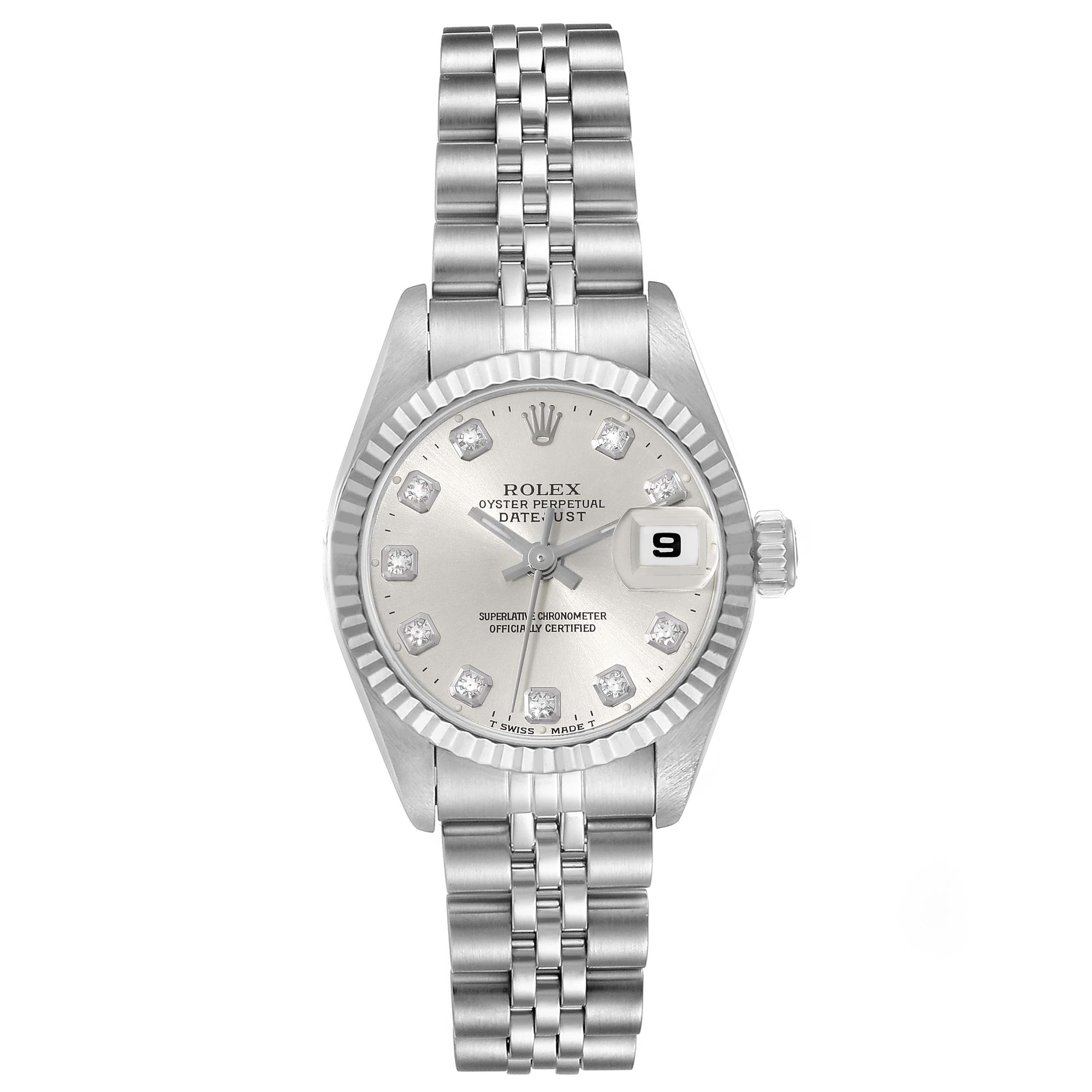The image shows a front view of the Rolex Datejust 69174 Women's Stainless Steel Silver Dial 69174 Women's Stainless Steel Silver Dial watch, displaying the dial, bezel, and bracelet.