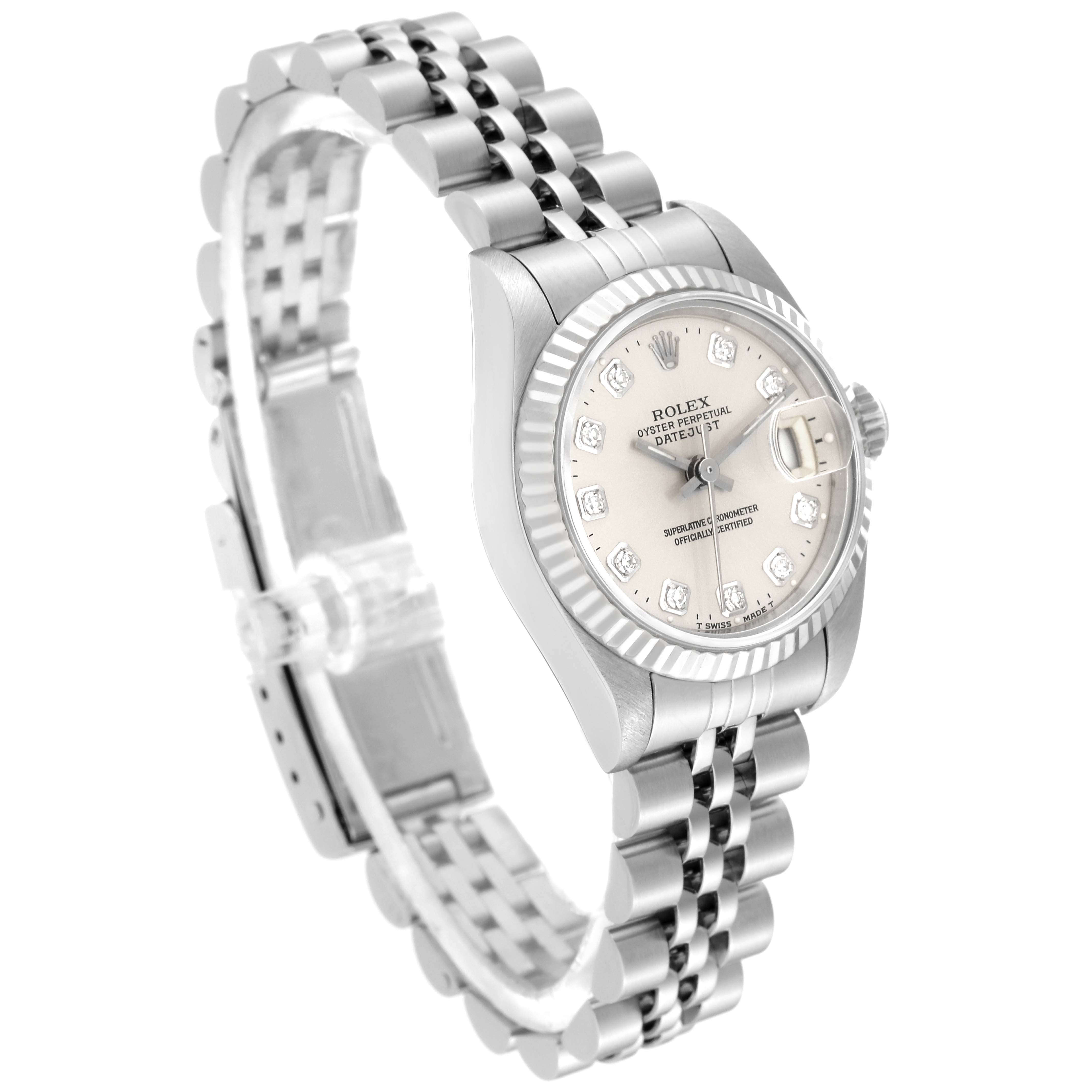 This image shows a Rolex Datejust 69174 Women's Stainless Steel Silver Dial 69174 Women's Stainless Steel Silver Dial watch at an angle displaying its dial, bezel, and Jubilee bracelet.